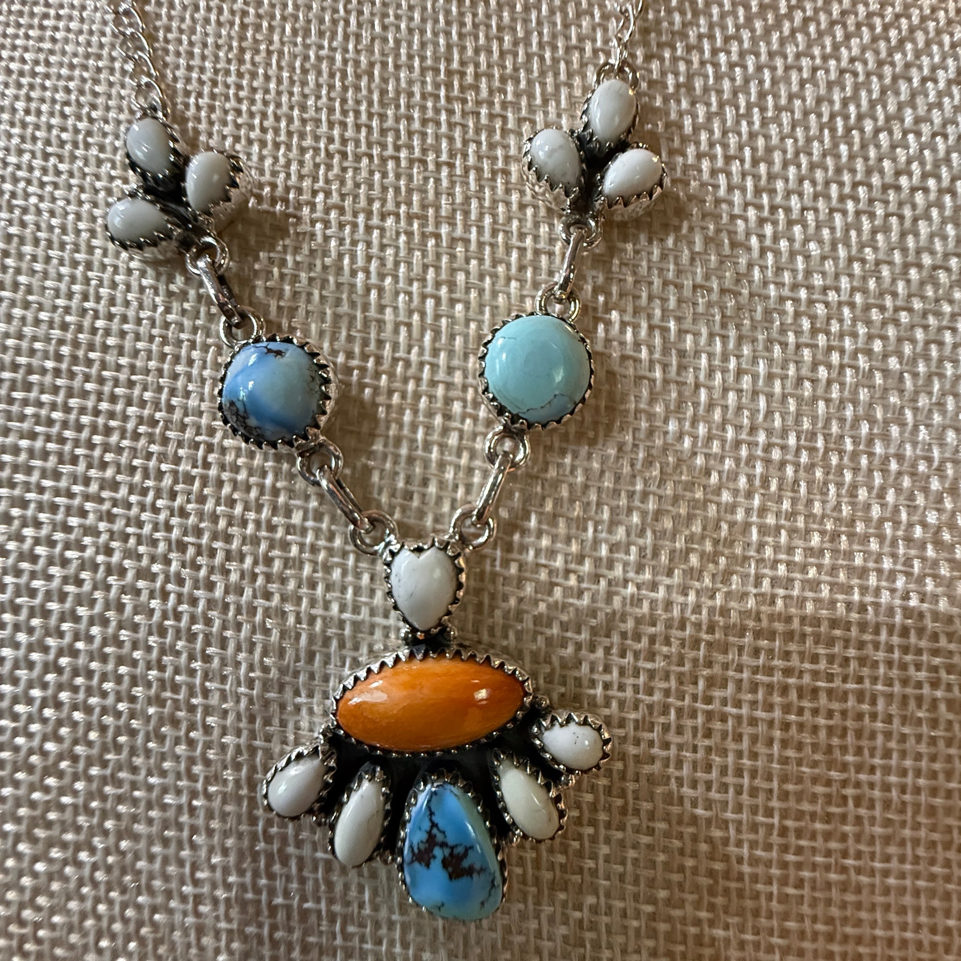 White Buffalo Turquoise Necklace With Orange Spiny Oyster And Sterling Silver WildWestBoho