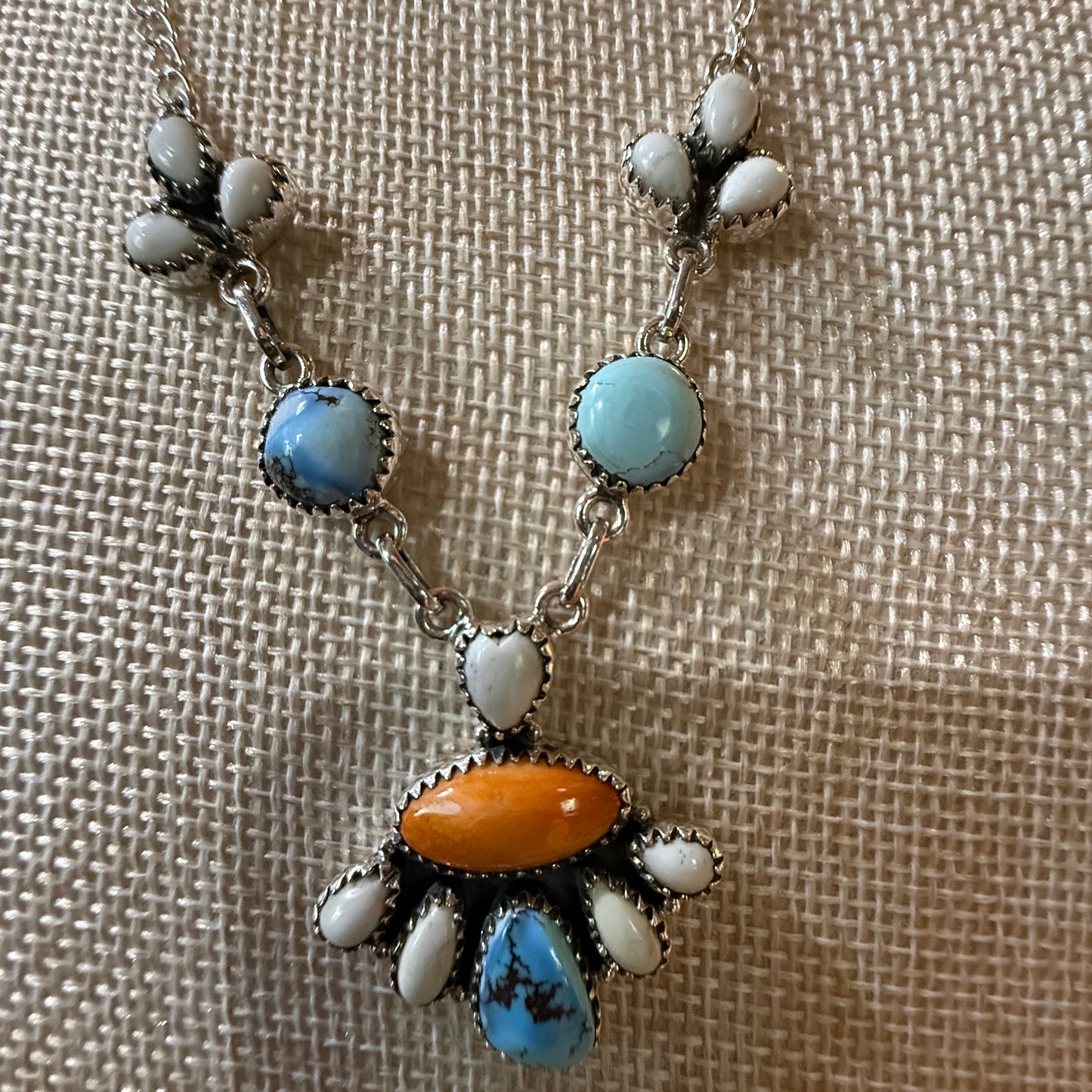 White Buffalo Turquoise Necklace With Orange Spiny Oyster And Sterling Silver WildWestBoho