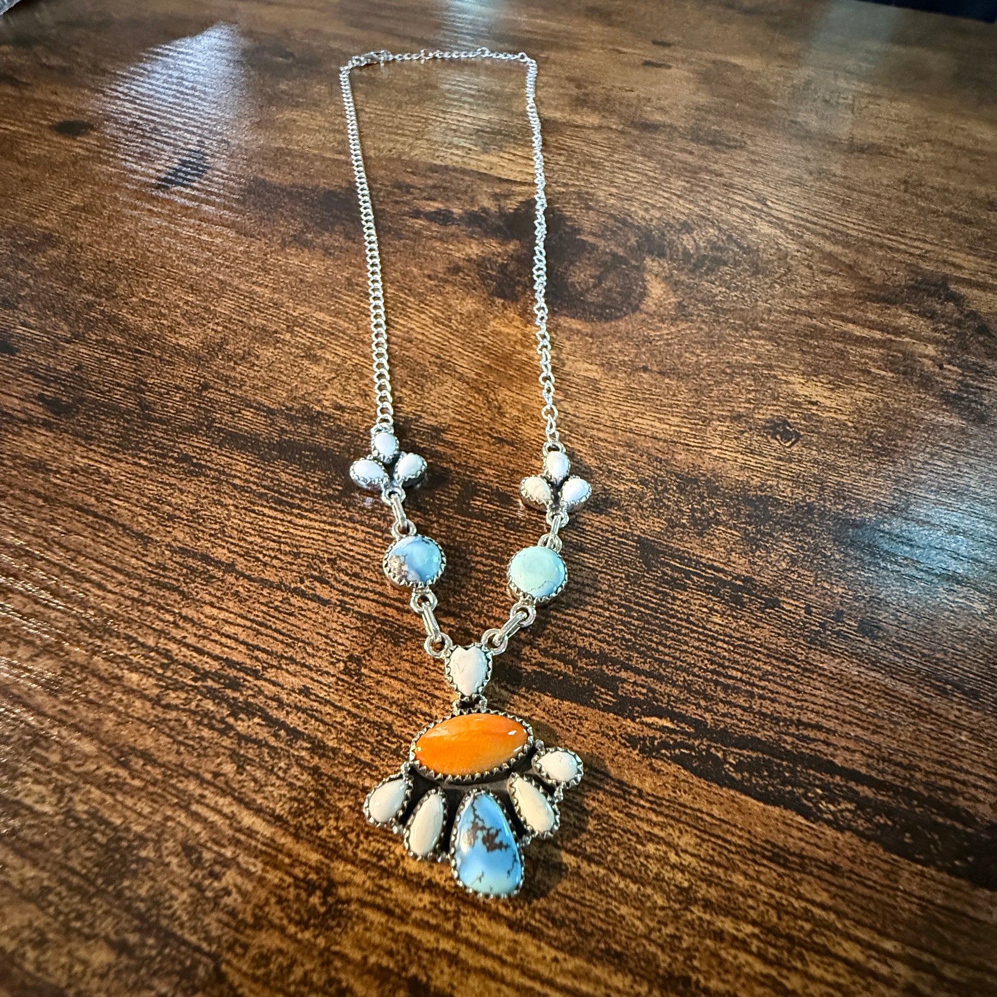 White Buffalo Turquoise Necklace With Orange Spiny Oyster And Sterling Silver WildWestBoho
