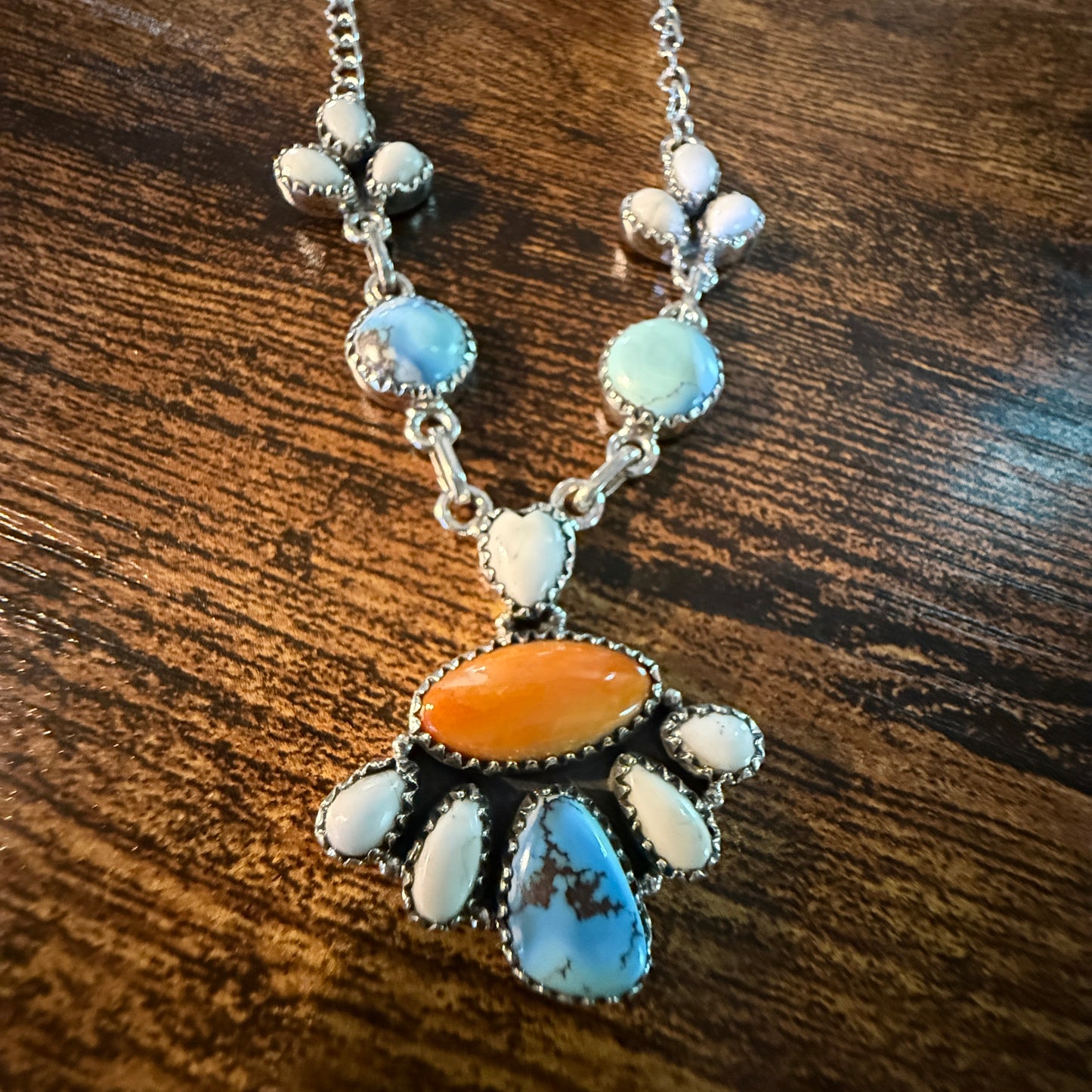 White Buffalo Turquoise Necklace With Orange Spiny Oyster And Sterling Silver WildWestBoho