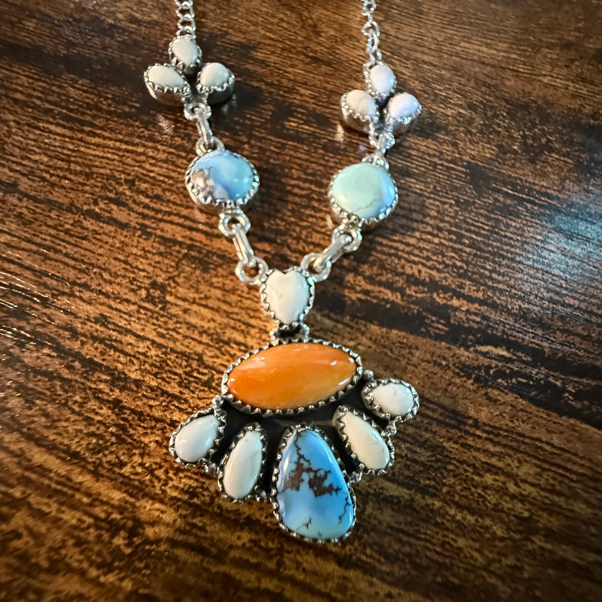 White Buffalo Turquoise Necklace With Orange Spiny Oyster And Sterling Silver WildWestBoho