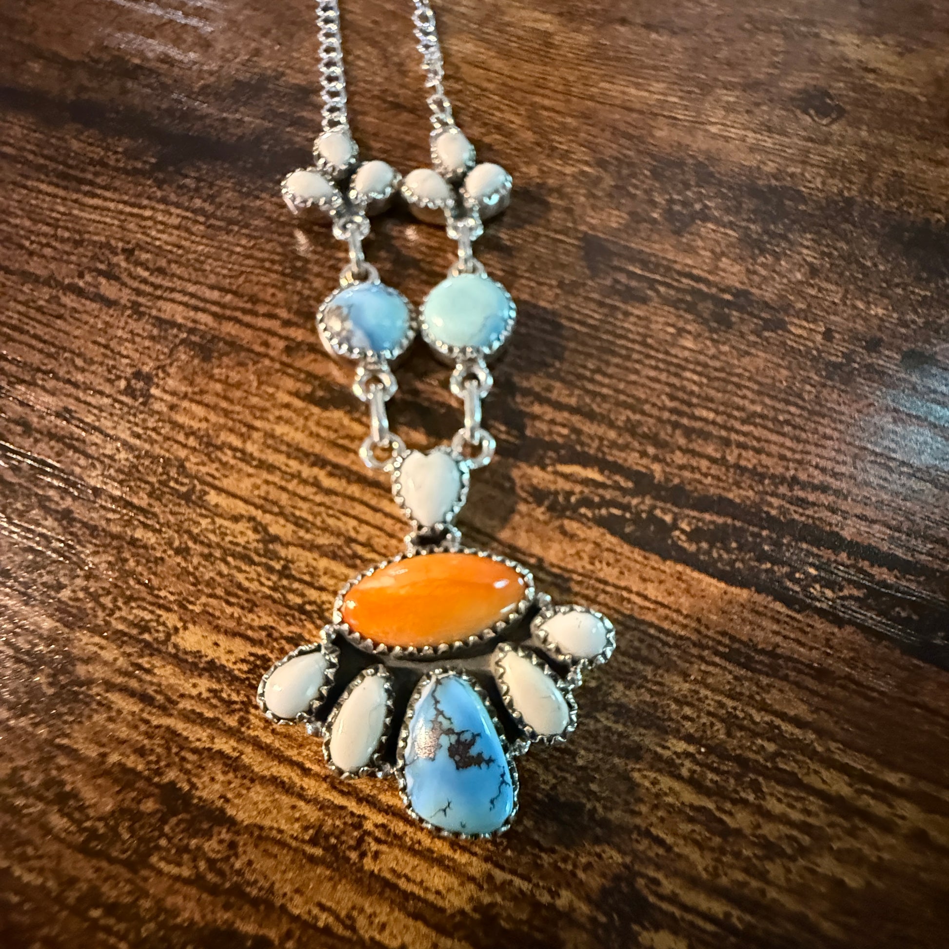 White Buffalo Turquoise Necklace With Orange Spiny Oyster And Sterling Silver WildWestBoho