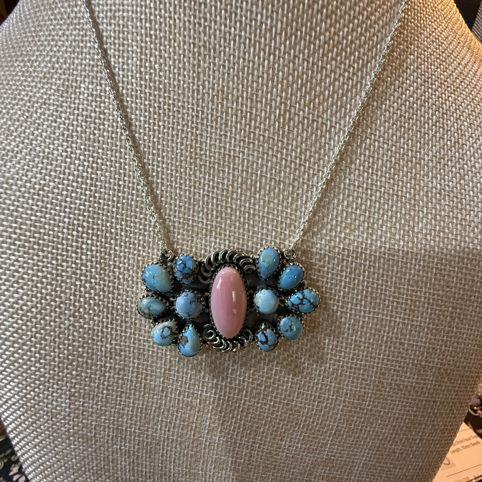 White Water Pink Conch Turquoise Gemstone Necklace 18 Inch Sterling Silver Wild West Boho