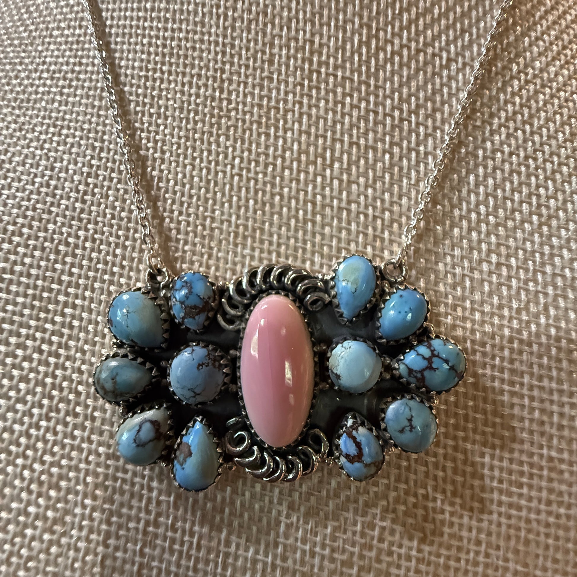 White Water Pink Conch Turquoise Gemstone Necklace 18 Inch Sterling Silver Wild West Boho