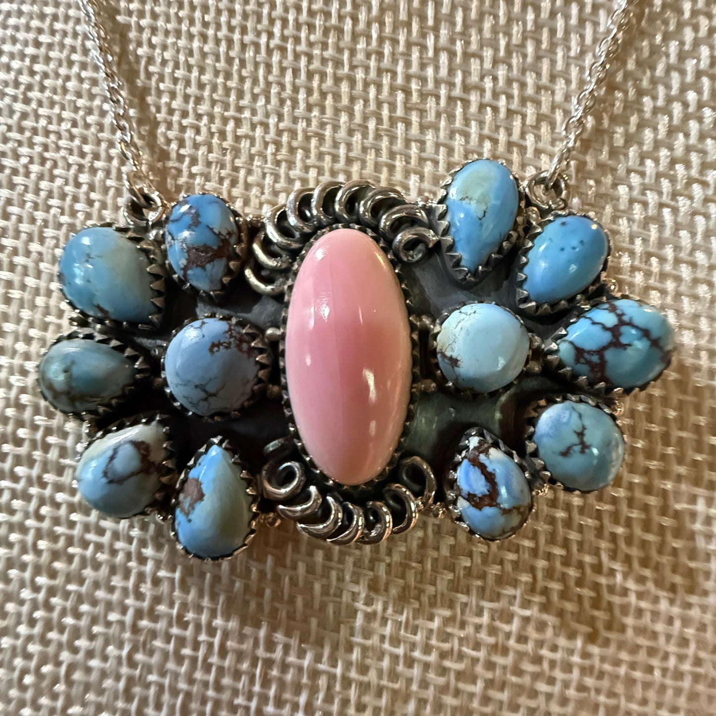 White Water Pink Conch Turquoise Gemstone Necklace 18 Inch Sterling Silver Wild West Boho
