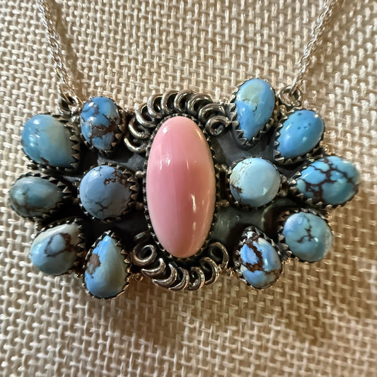 White Water Pink Conch Turquoise Gemstone Necklace 18 Inch Sterling Silver Wild West Boho