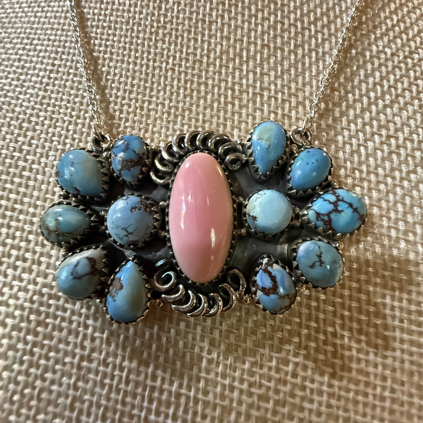 White Water Pink Conch Turquoise Gemstone Necklace 18 Inch Sterling Silver Wild West Boho