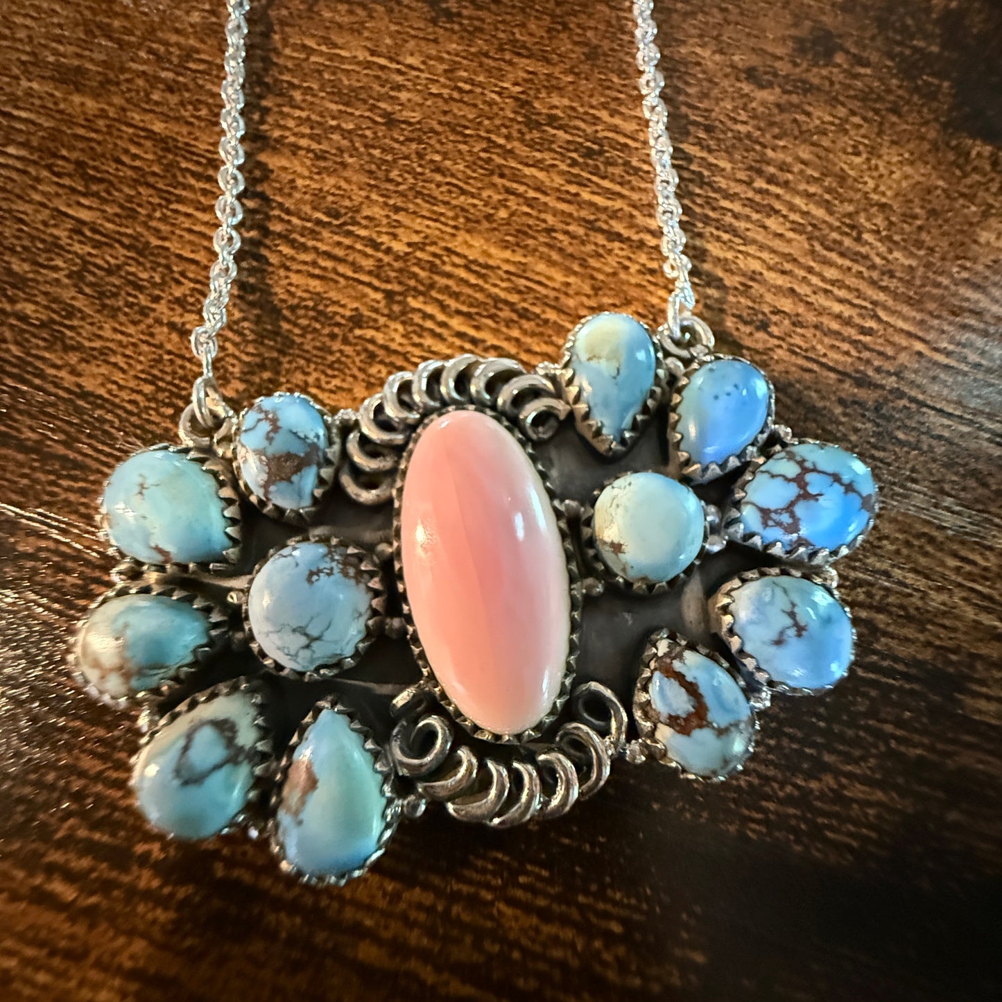 White Water Pink Conch Turquoise Gemstone Necklace 18 Inch Sterling Silver Wild West Boho