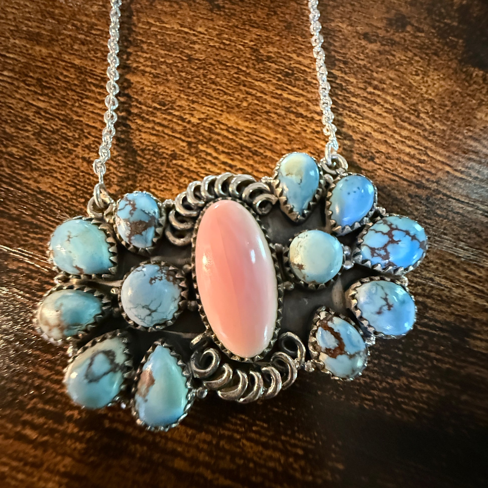 White Water Pink Conch Turquoise Gemstone Necklace 18 Inch Sterling Silver Wild West Boho