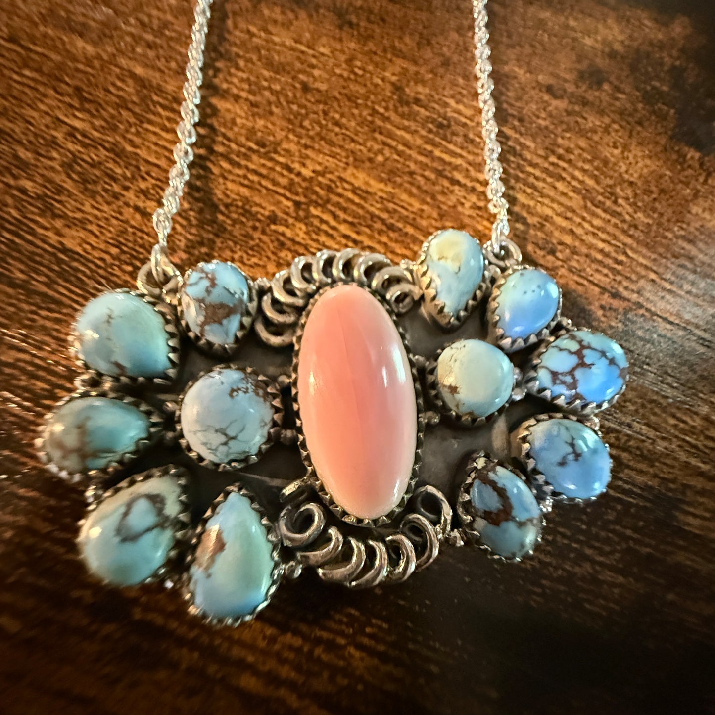 White Water Pink Conch Turquoise Gemstone Necklace 18 Inch Sterling Silver Wild West Boho