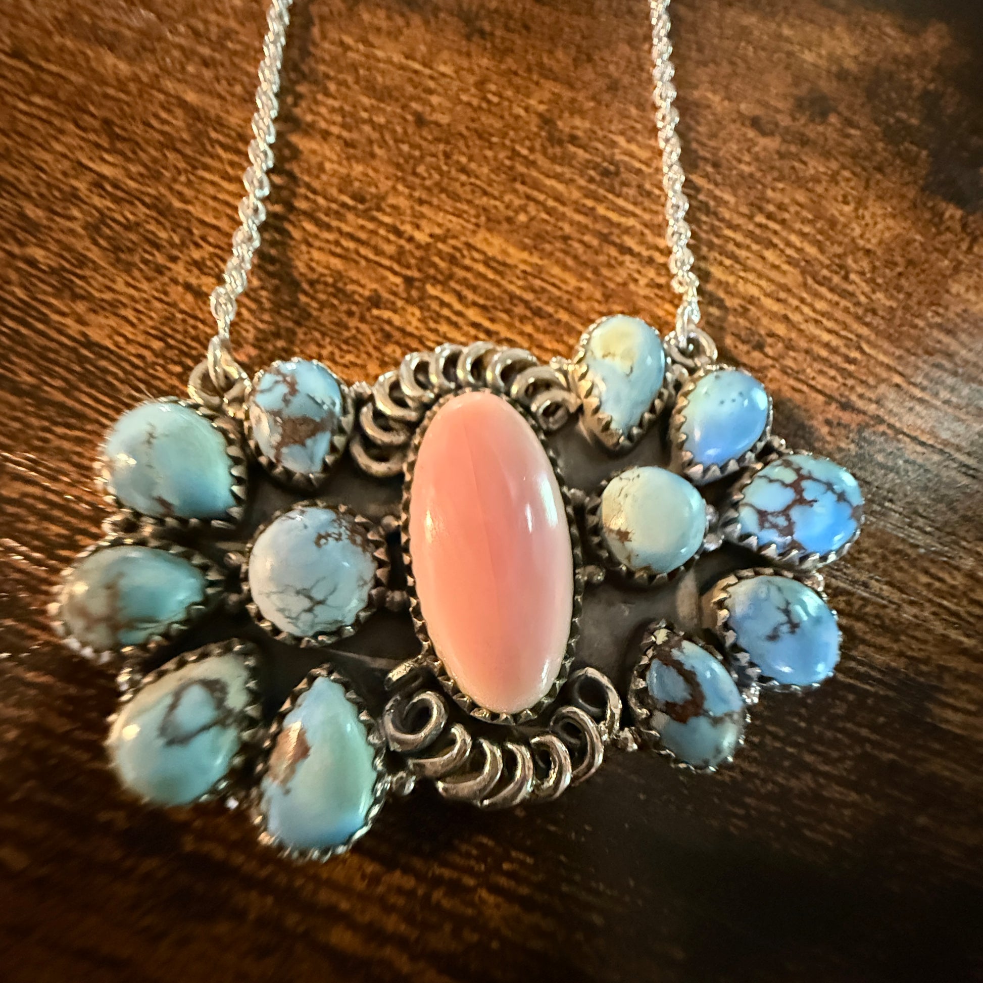 White Water Pink Conch Turquoise Gemstone Necklace 18 Inch Sterling Silver Wild West Boho