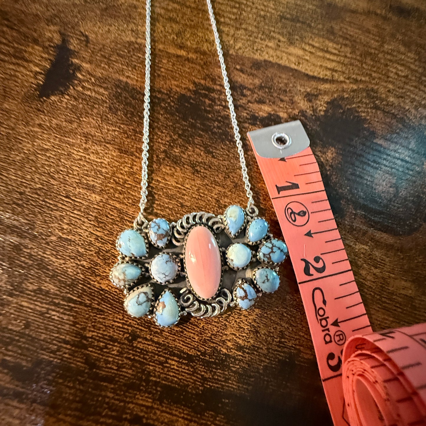 White Water Pink Conch Turquoise Gemstone Necklace 18 Inch Sterling Silver Wild West Boho