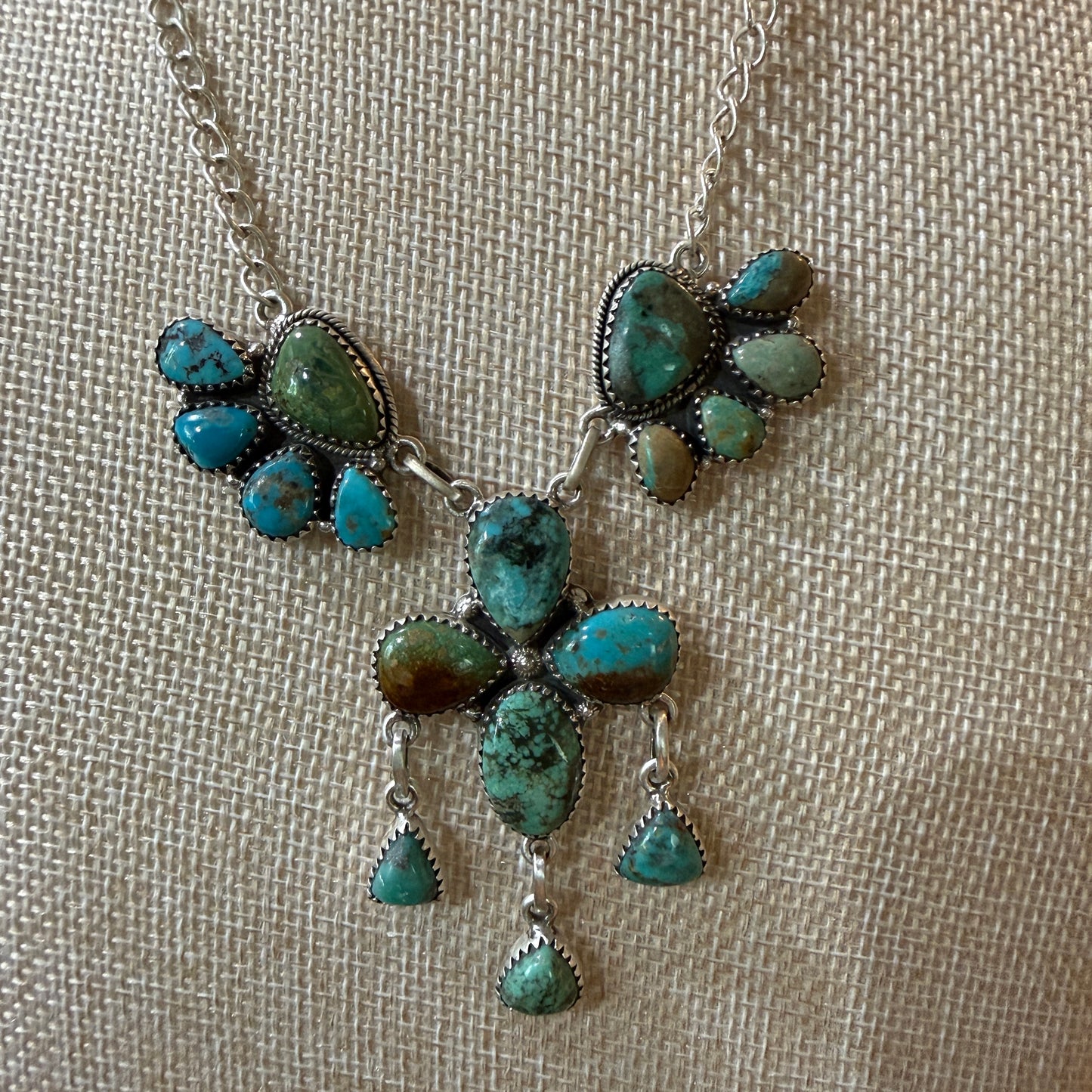 Hachita Turquoise Gemstone Lariat Cluster Necklace in Sterling Silver Wild West Boho