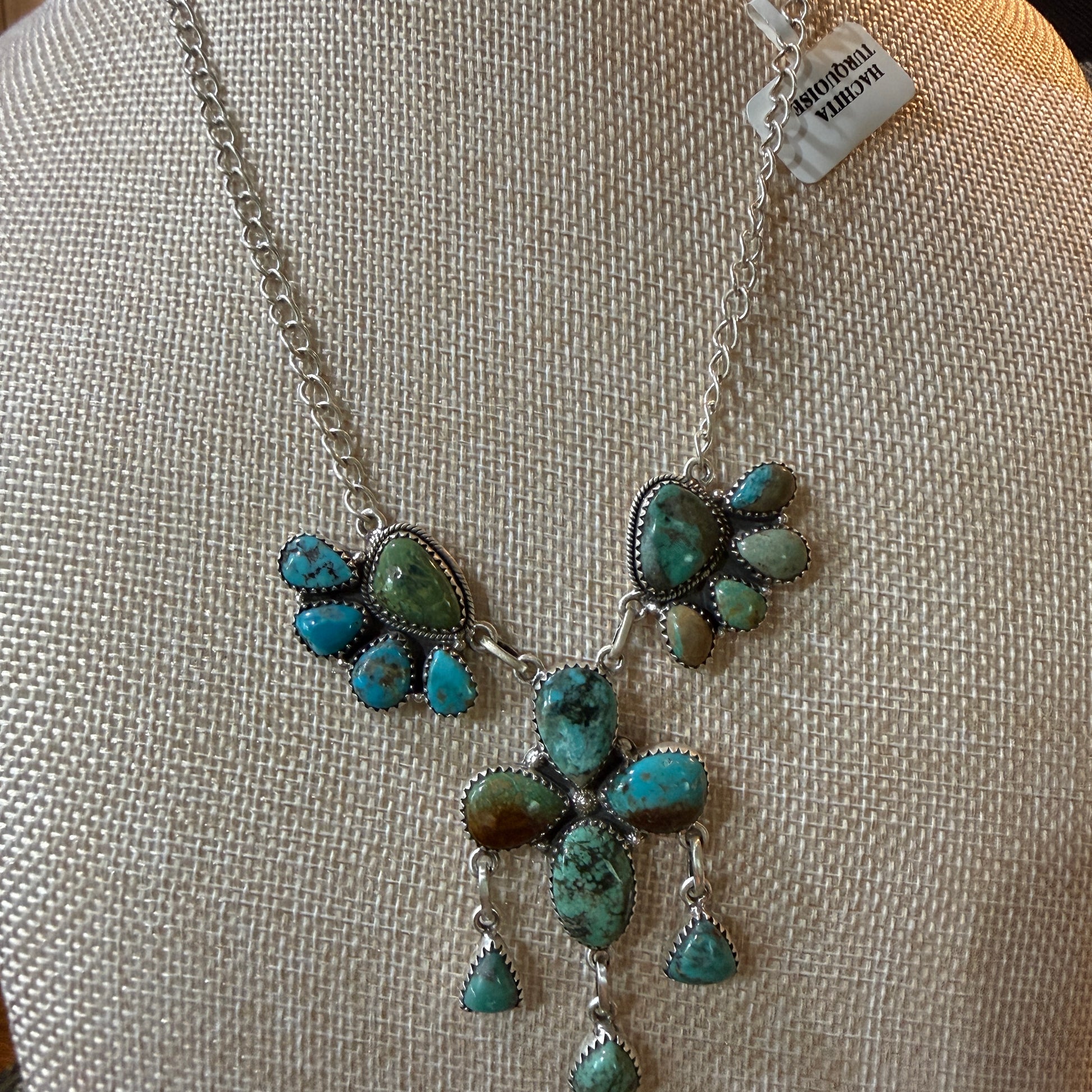 Hachita Turquoise Gemstone Lariat Cluster Necklace in Sterling Silver Wild West Boho