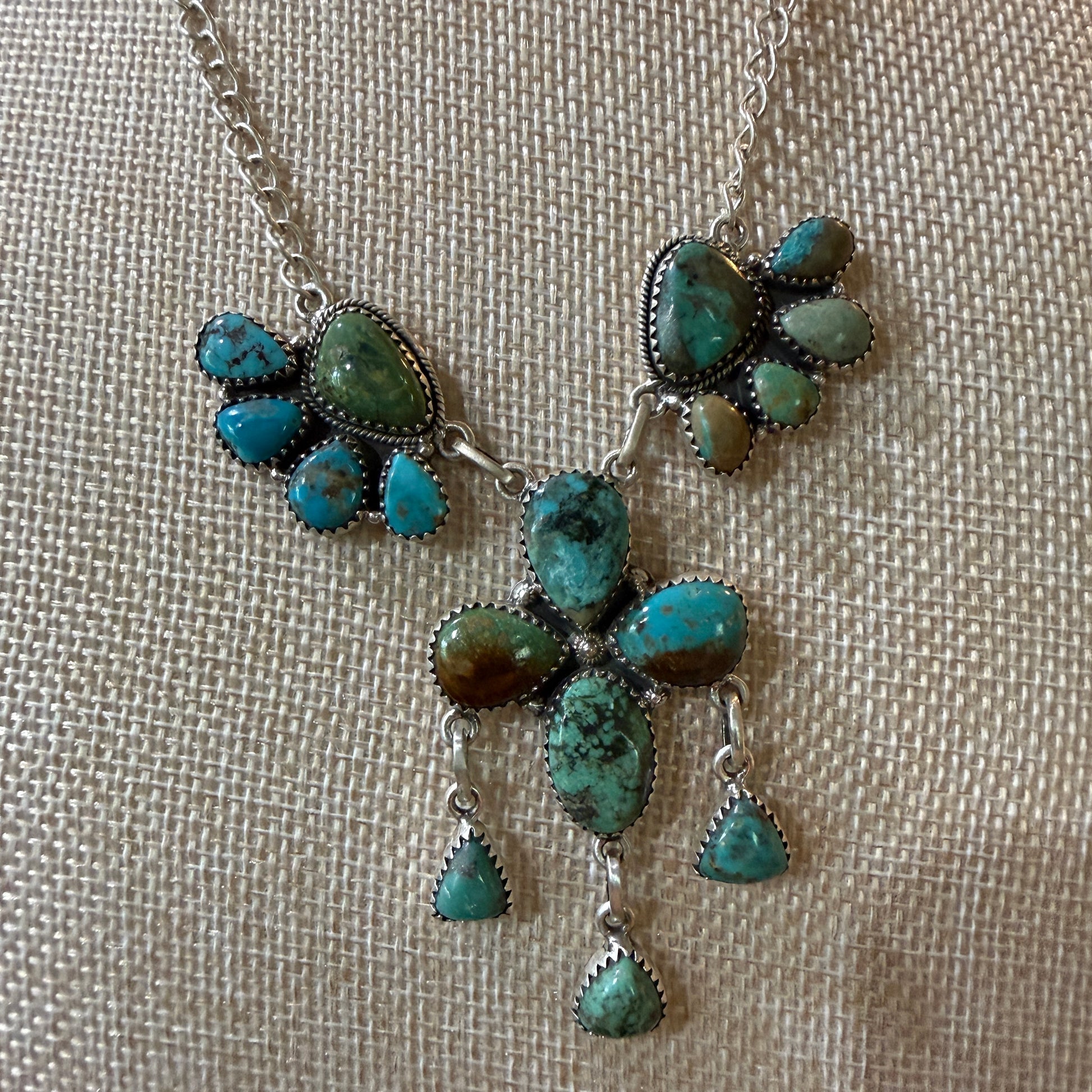 Hachita Turquoise Gemstone Lariat Cluster Necklace in Sterling Silver Wild West Boho