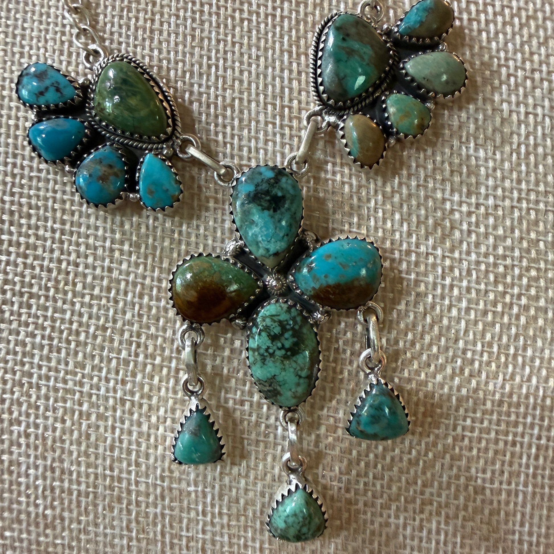 Hachita Turquoise Gemstone Lariat Cluster Necklace in Sterling Silver Wild West Boho