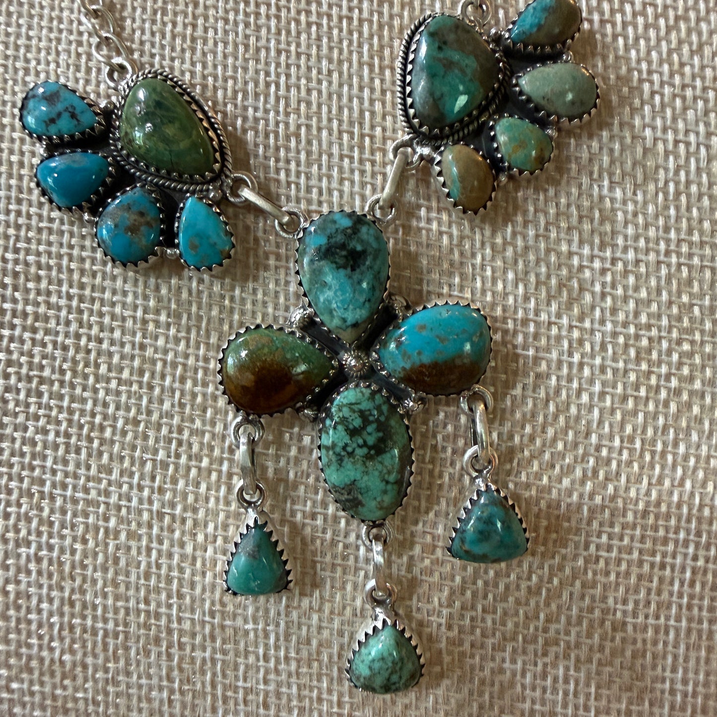 Hachita Turquoise Gemstone Lariat Cluster Necklace in Sterling Silver Wild West Boho