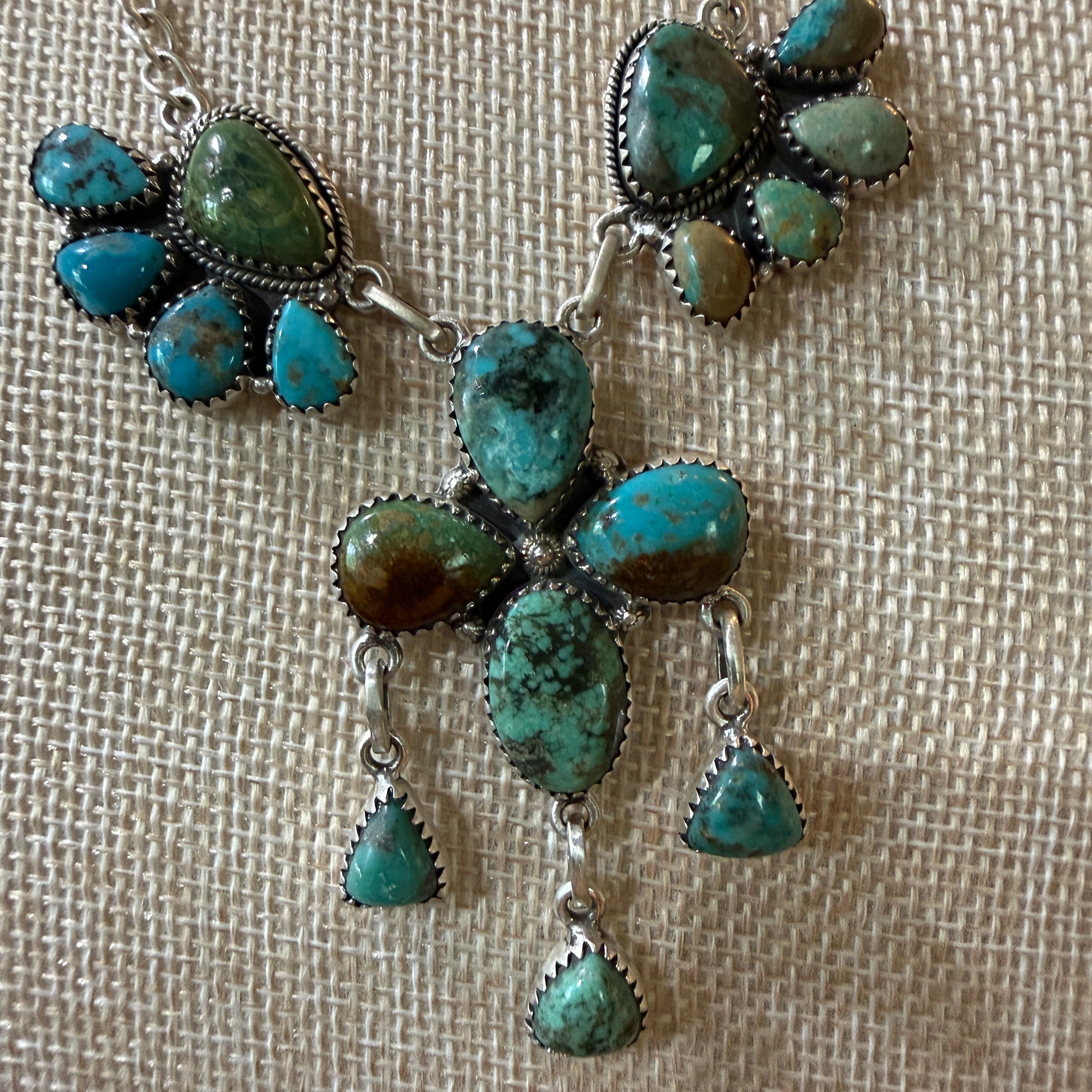Hachita Turquoise Gemstone Lariat Cluster Necklace in Sterling Silver Wild West Boho