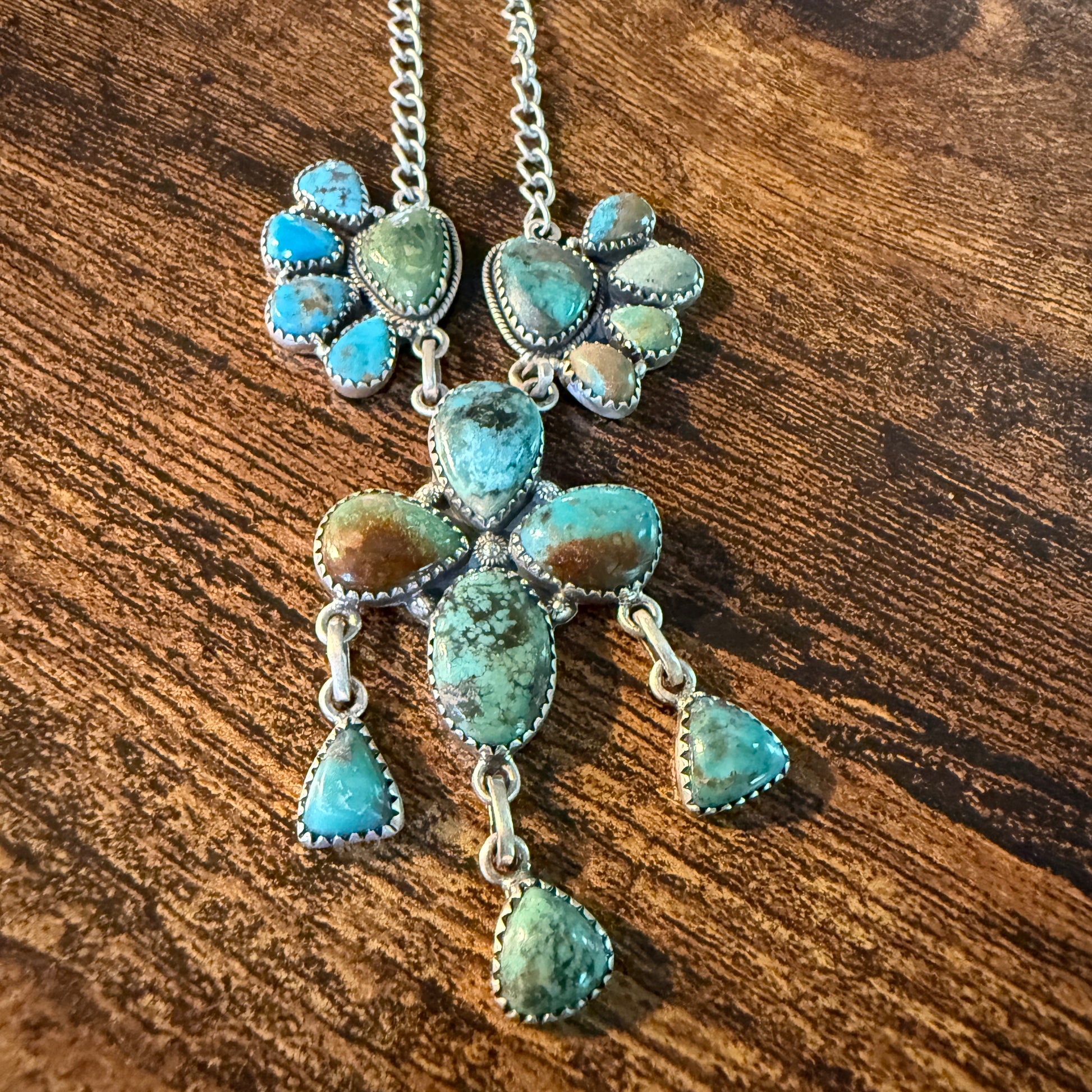 Hachita Turquoise Gemstone Lariat Cluster Necklace in Sterling Silver Wild West Boho