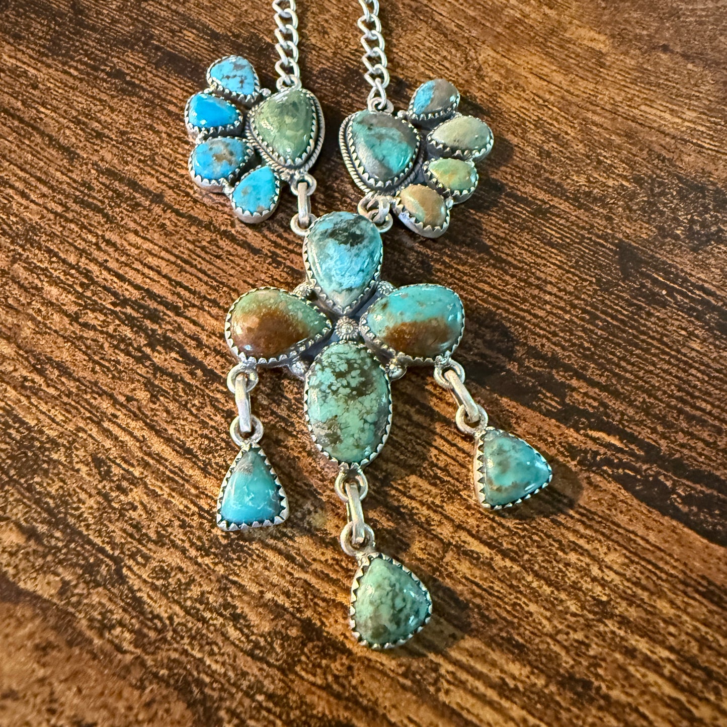 Hachita Turquoise Gemstone Lariat Cluster Necklace in Sterling Silver Wild West Boho
