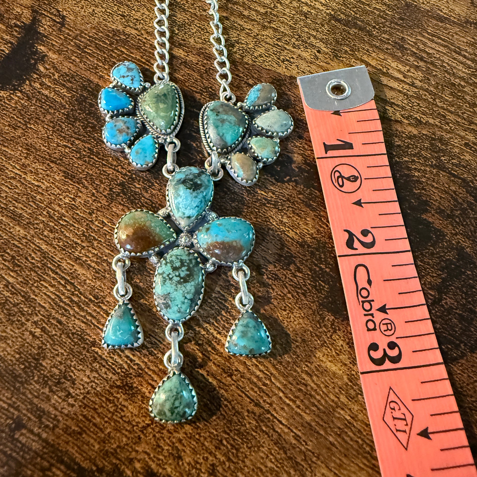 Hachita Turquoise Gemstone Lariat Cluster Necklace in Sterling Silver Wild West Boho