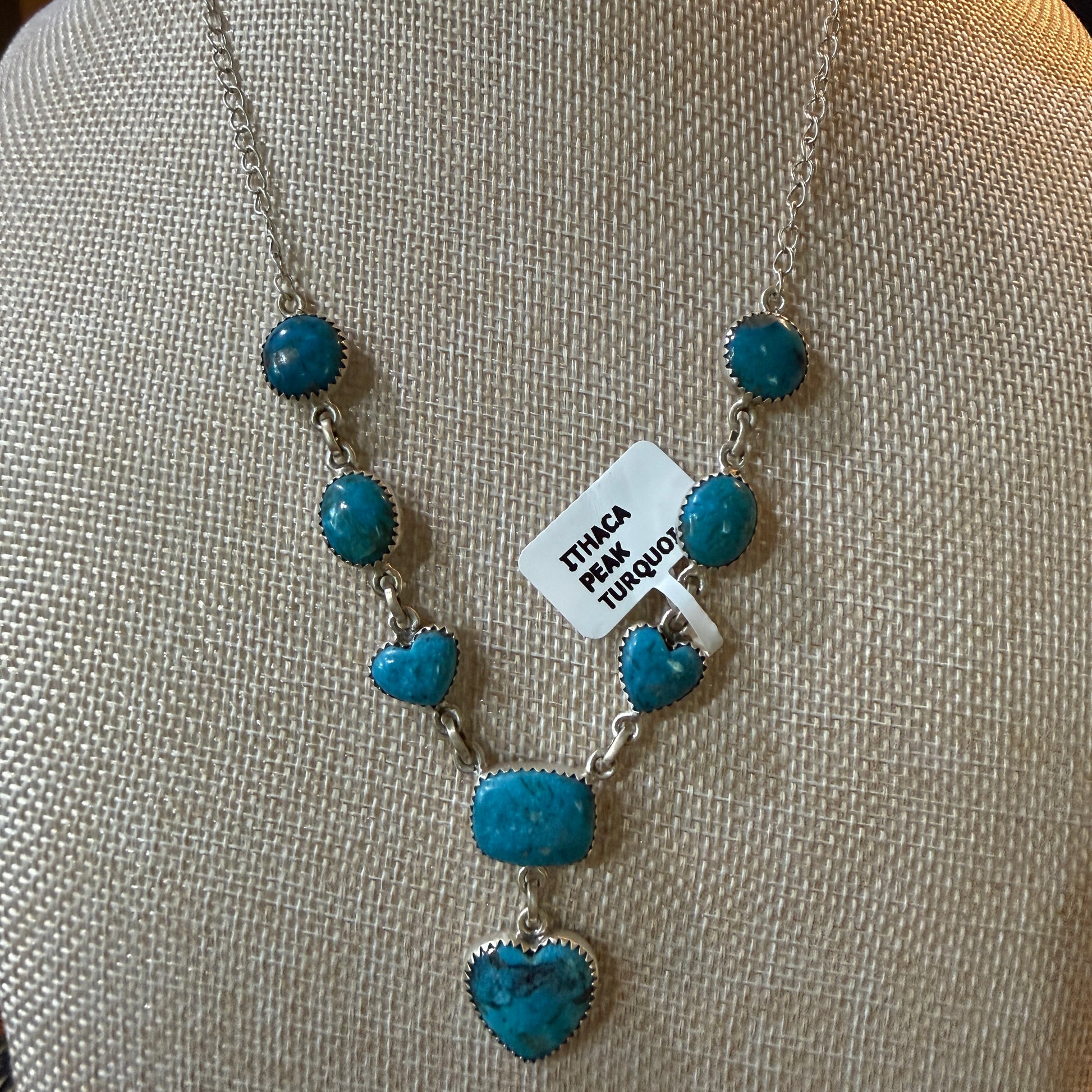 Ithaca Peak Turquoise Gemstone Lariat Hearts Necklace Sterling Silver Wild West Boho