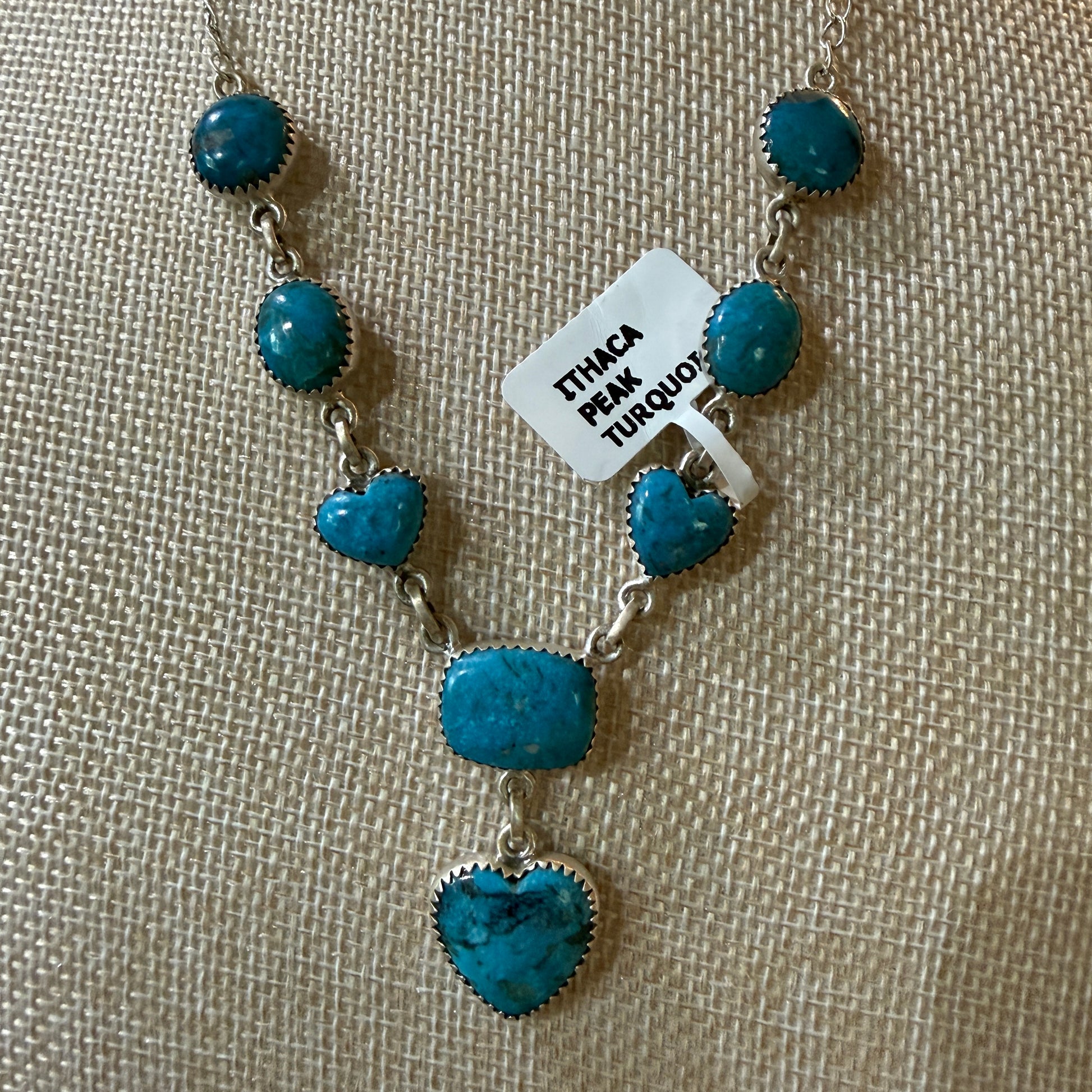 Ithaca Peak Turquoise Gemstone Lariat Hearts Necklace Sterling Silver Wild West Boho