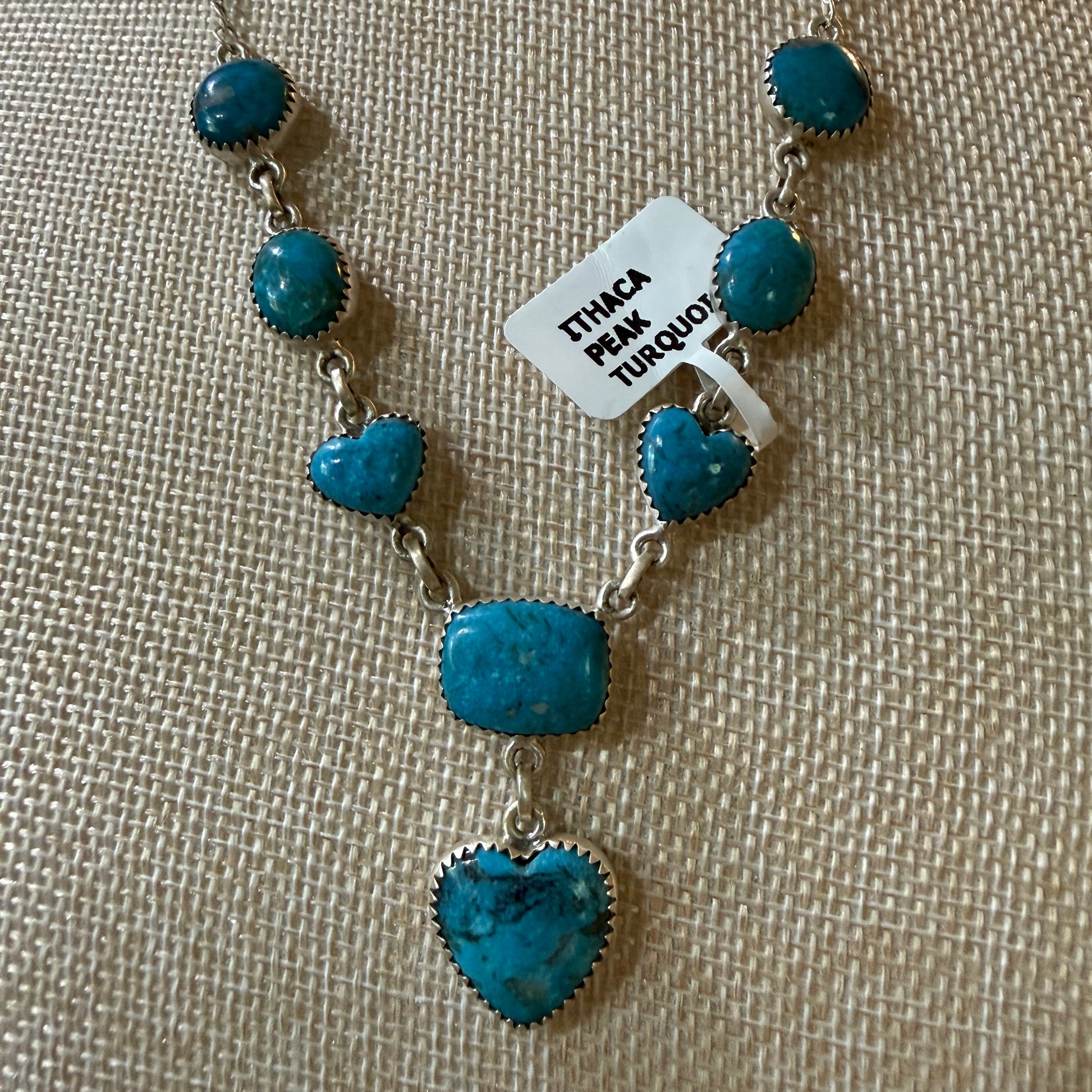 Ithaca Peak Turquoise Gemstone Lariat Hearts Necklace Sterling Silver Wild West Boho