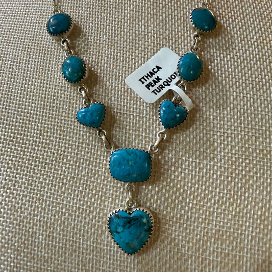 Ithaca Peak Turquoise Gemstone Lariat Hearts Necklace Sterling Silver Wild West Boho