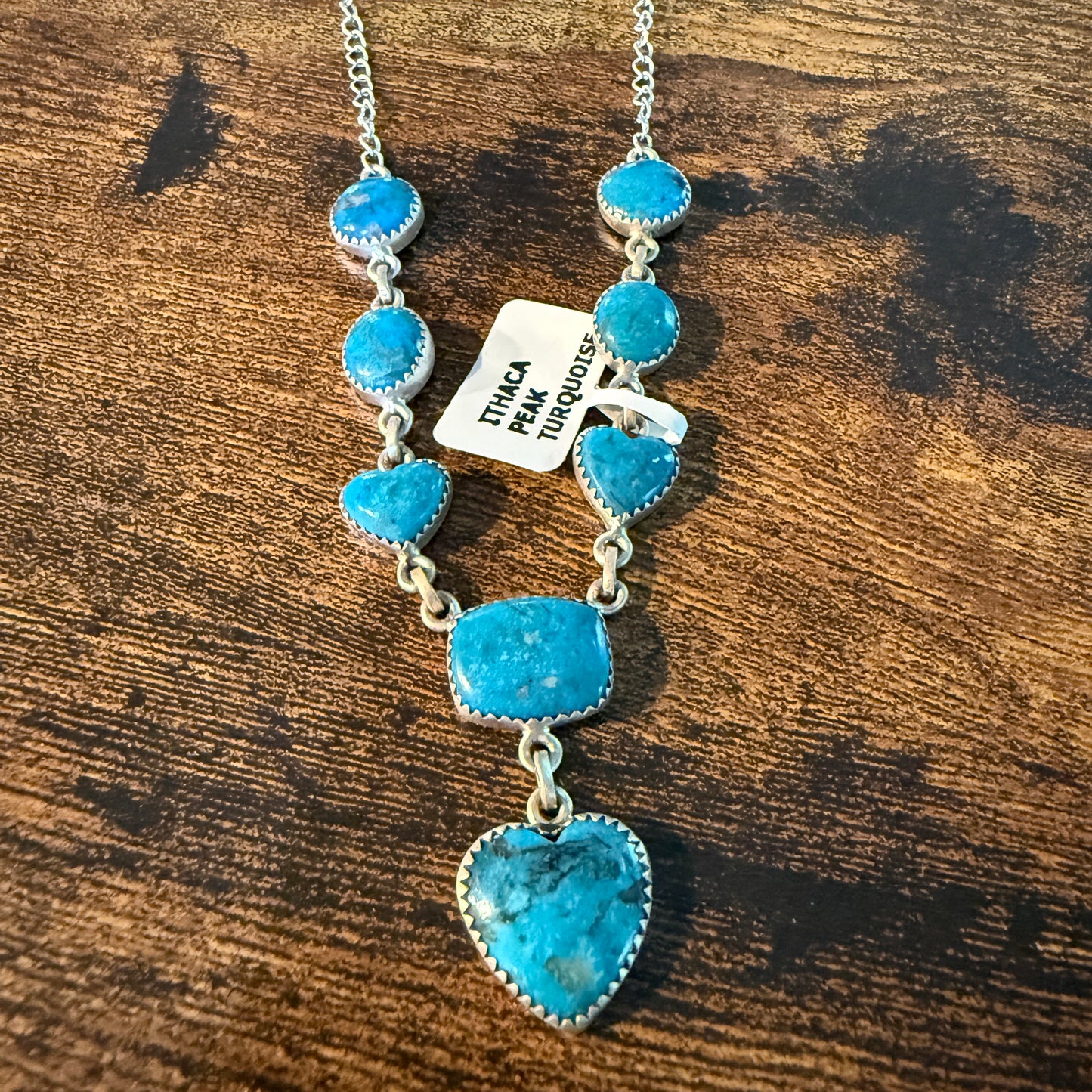 Ithaca Peak Turquoise Gemstone Lariat Hearts Necklace Sterling Silver Wild West Boho