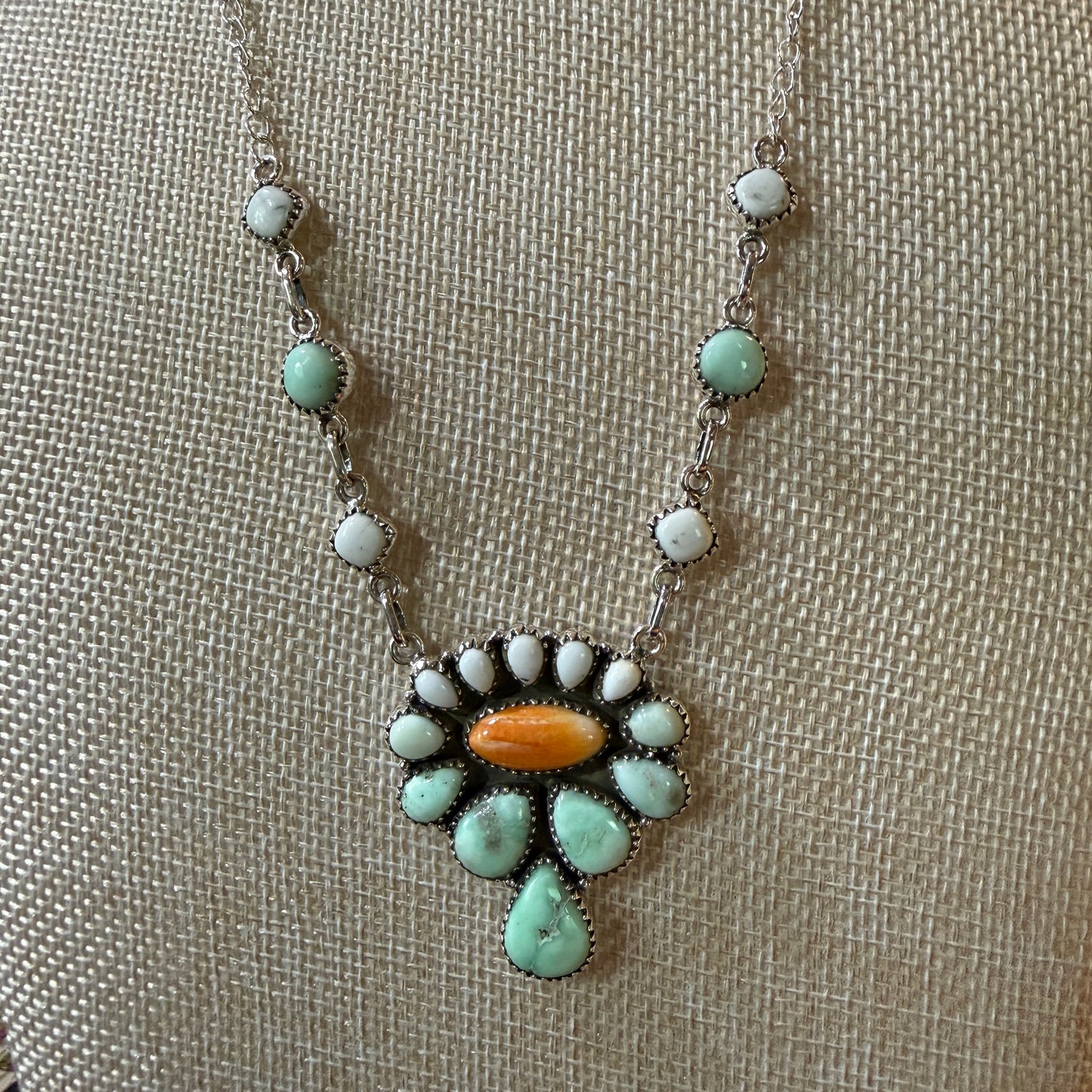 Palamino White Buffalo Turquoise Lariat Necklace Orange Spiny Sterling Silver Wild West Boho