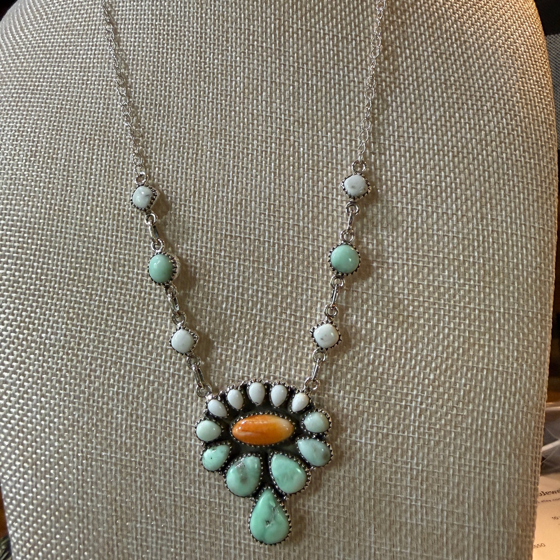 Palamino White Buffalo Turquoise Lariat Necklace Orange Spiny Sterling Silver Wild West Boho