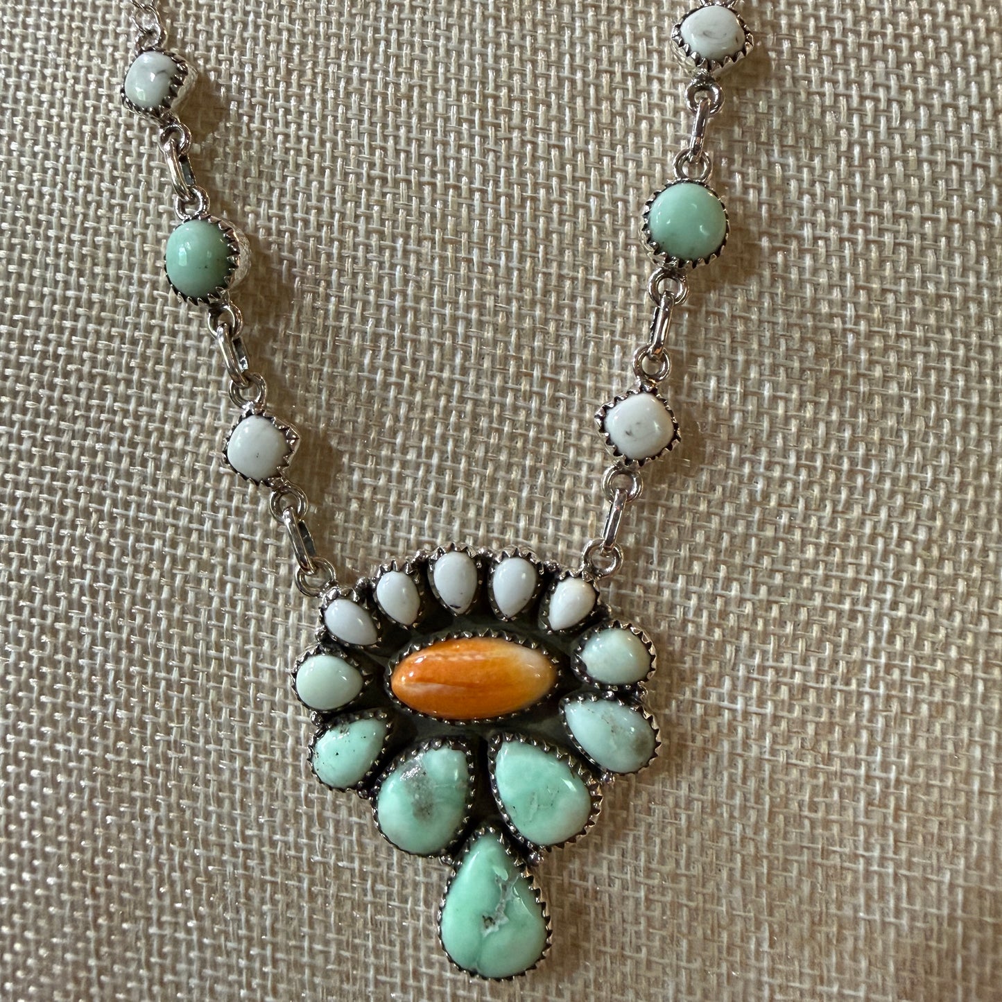 Palamino White Buffalo Turquoise Lariat Necklace Orange Spiny Sterling Silver Wild West Boho