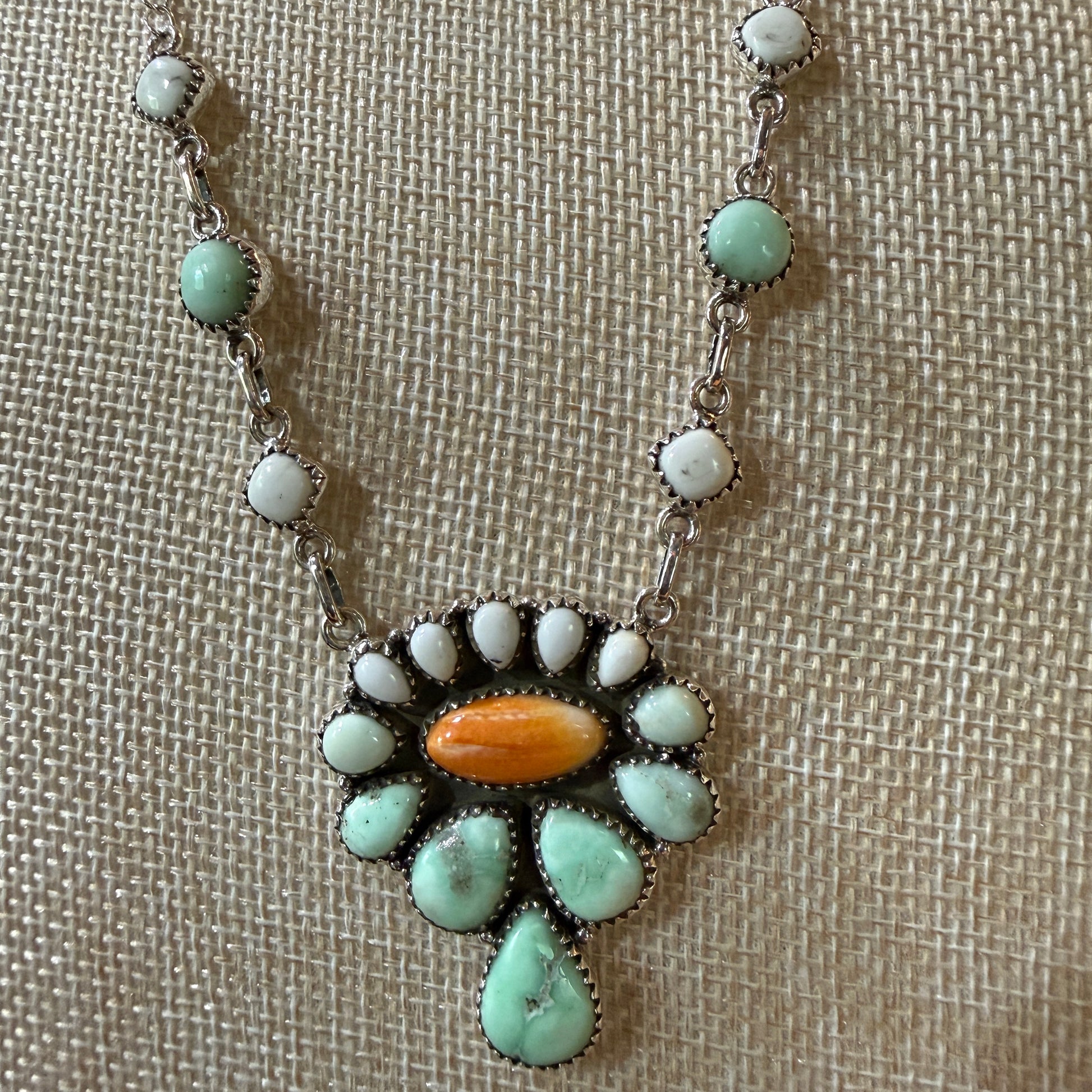 Palamino White Buffalo Turquoise Lariat Necklace Orange Spiny Sterling Silver Wild West Boho