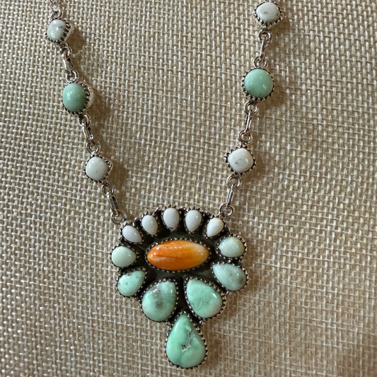 Palamino White Buffalo Turquoise Lariat Necklace Orange Spiny Sterling Silver Wild West Boho