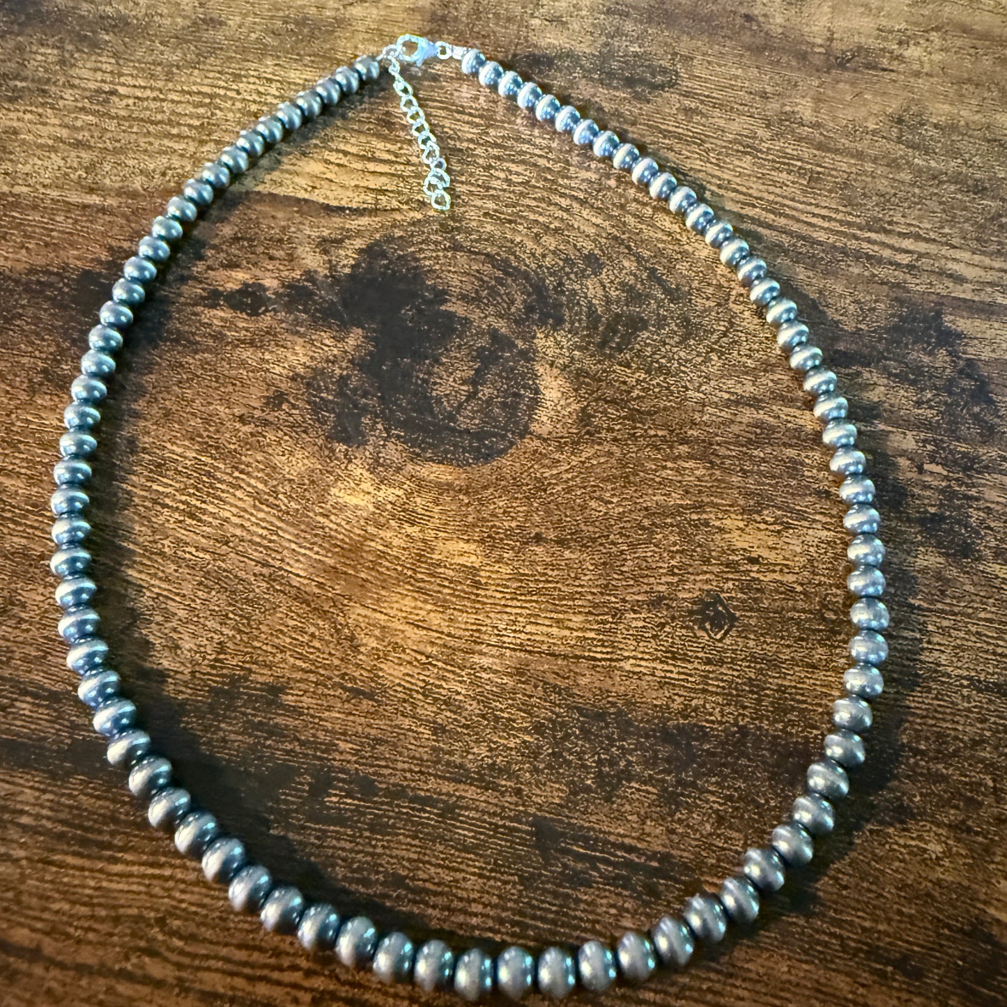 Native Style Desert Pearl Beads Hand Strung Necklace 6mm 18 Inch Sterling Silver Wild West Boho