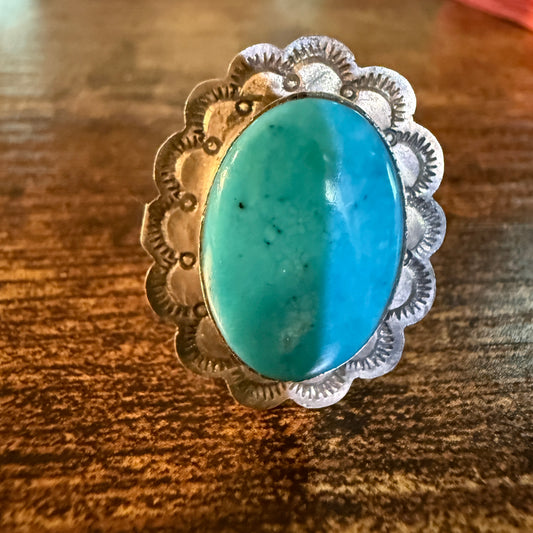 Native Handmade Scott Skeets Royston Turquoise Sterling Silver Adjustable Ring Wild West Boho