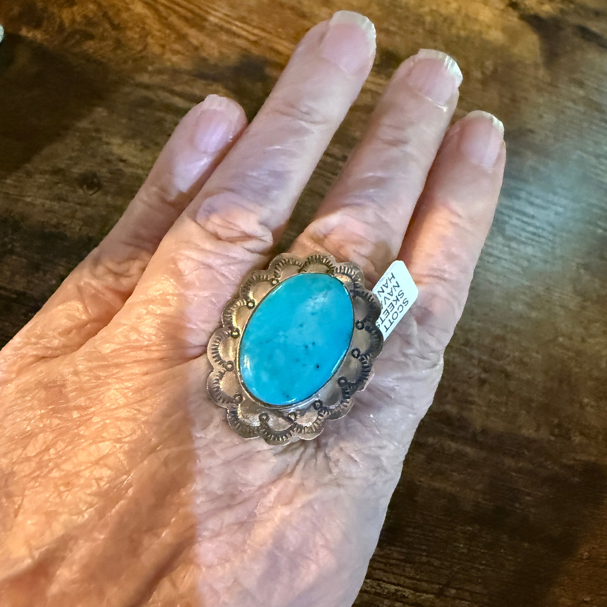 Native Handmade Scott Skeets Royston Turquoise Sterling Silver Adjustable Ring Wild West Boho