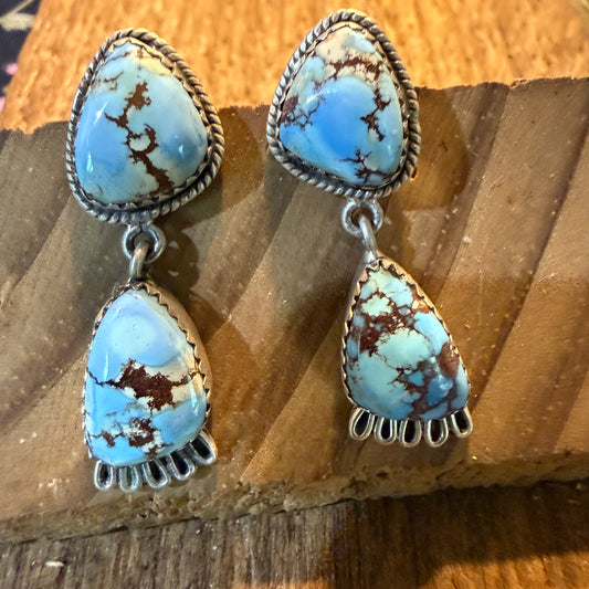 Number 8 Turquoise Gemstone Dangle Earrings Sterling Silver Wild West Boho