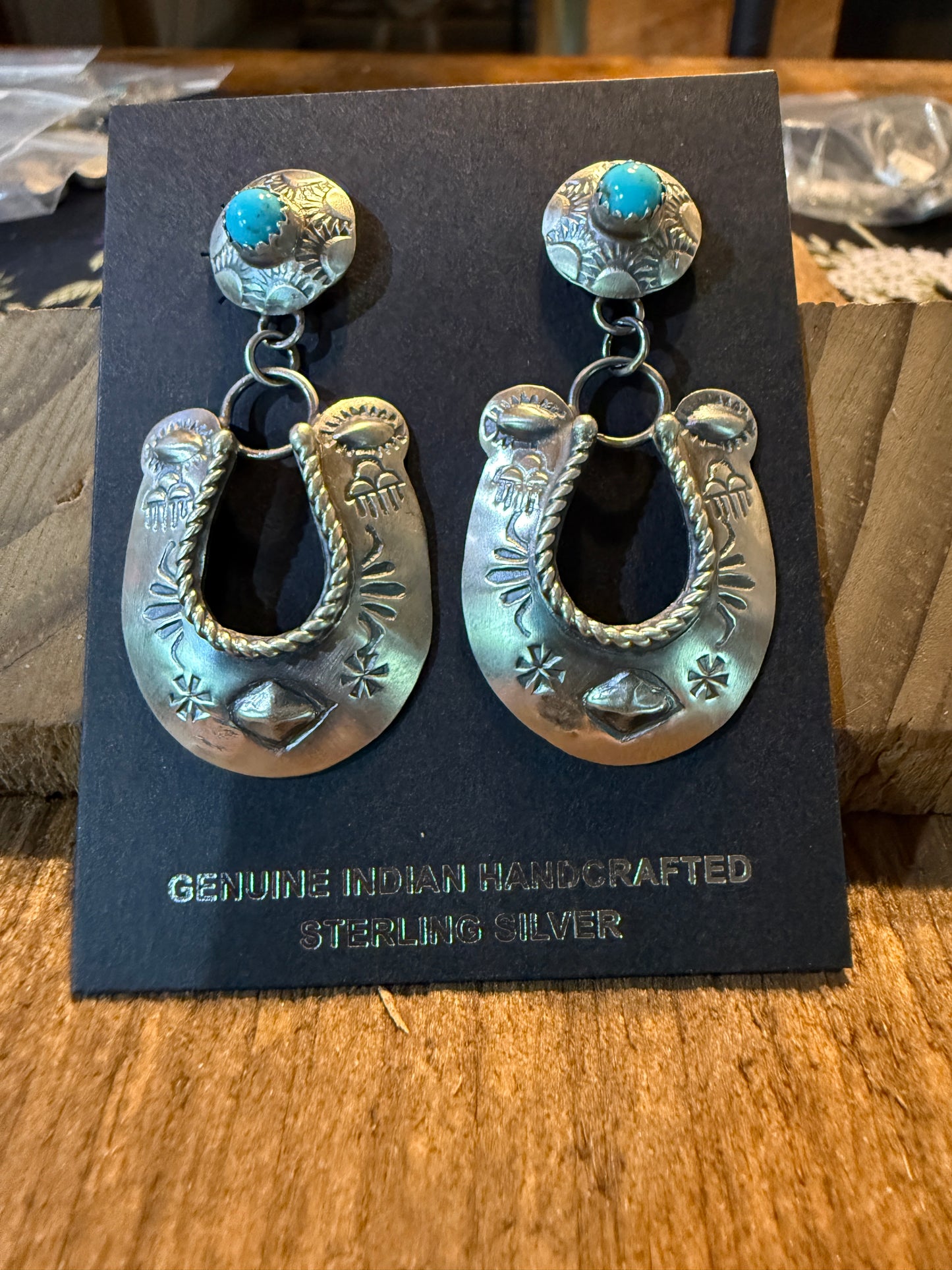 Native Handmade Gabriela Yazzie Turquoise Kingman Horseshoe Drop Earring Silver Wild West Boho