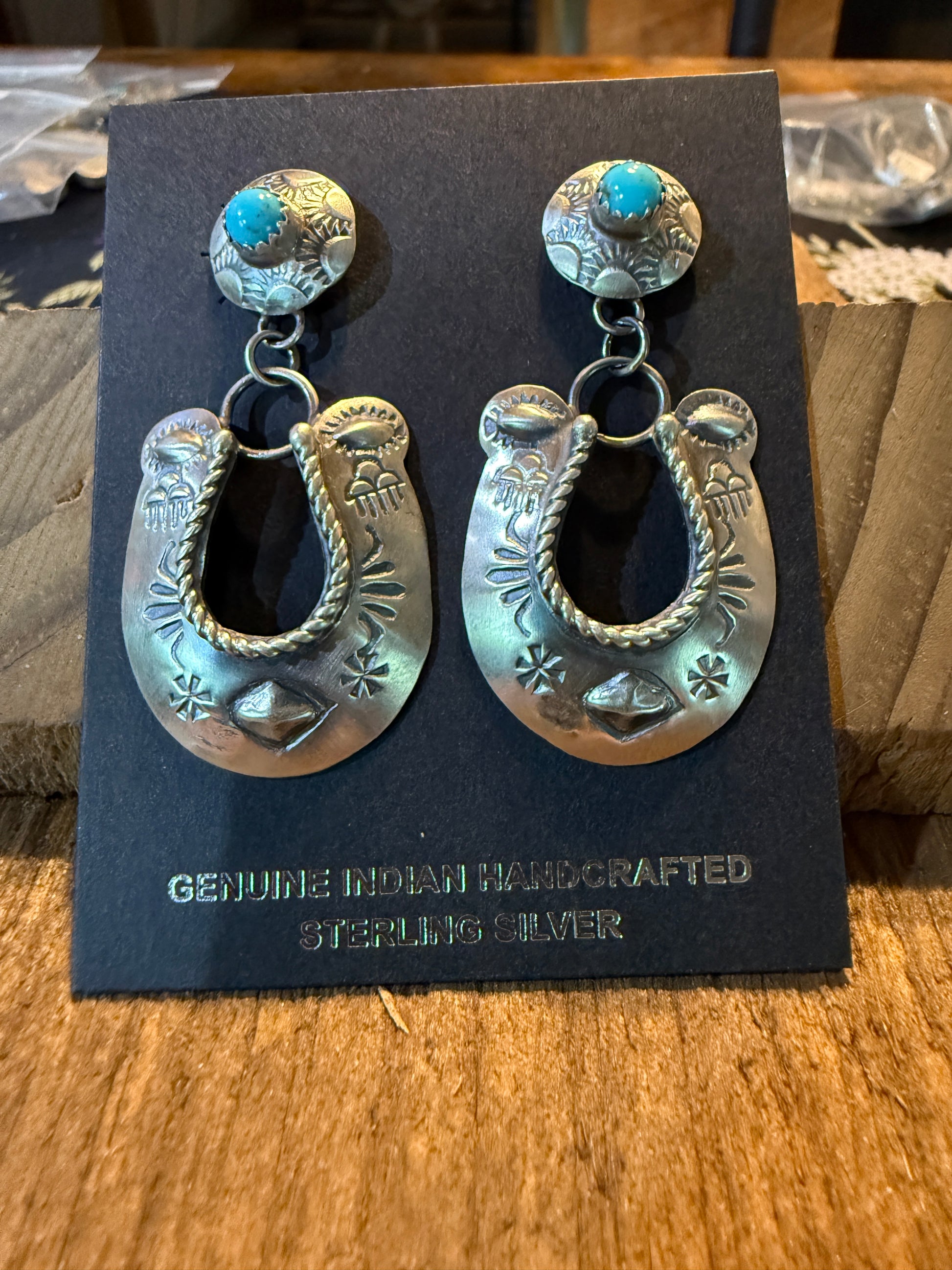 Native Handmade Gabriela Yazzie Turquoise Kingman Horseshoe Drop Earring Silver Wild West Boho