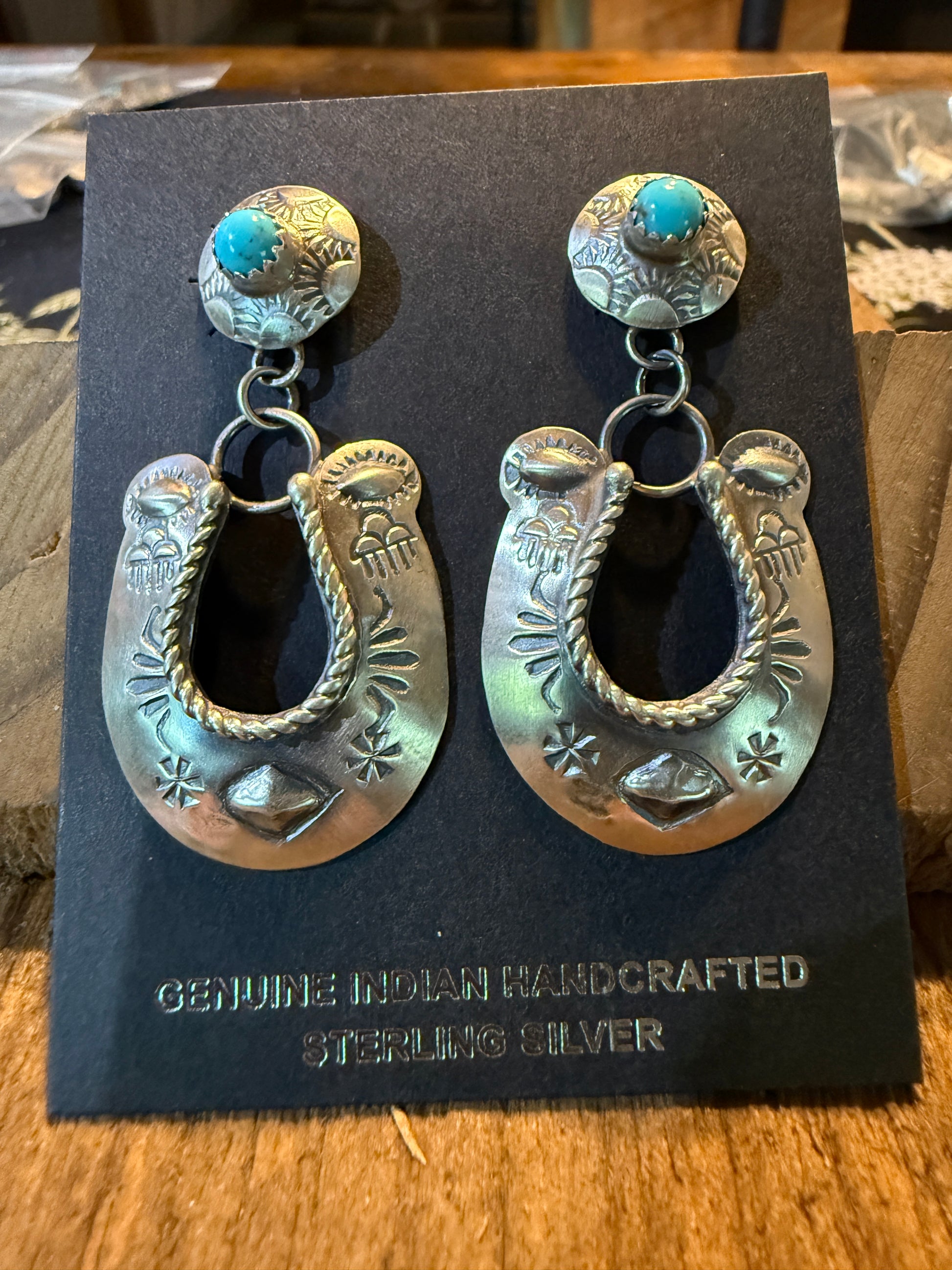 Native Handmade Gabriela Yazzie Turquoise Kingman Horseshoe Drop Earring Silver Wild West Boho