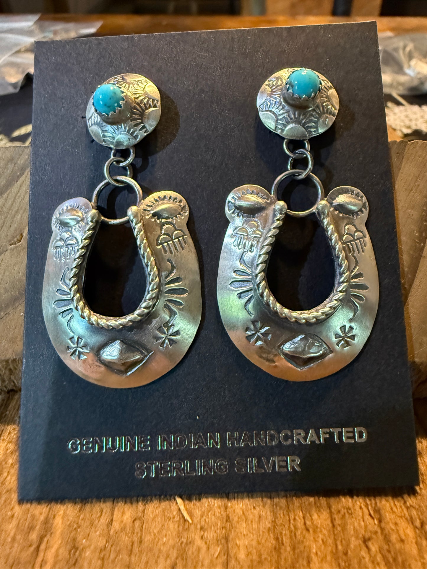 Native Handmade Gabriela Yazzie Turquoise Kingman Horseshoe Drop Earring Silver Wild West Boho