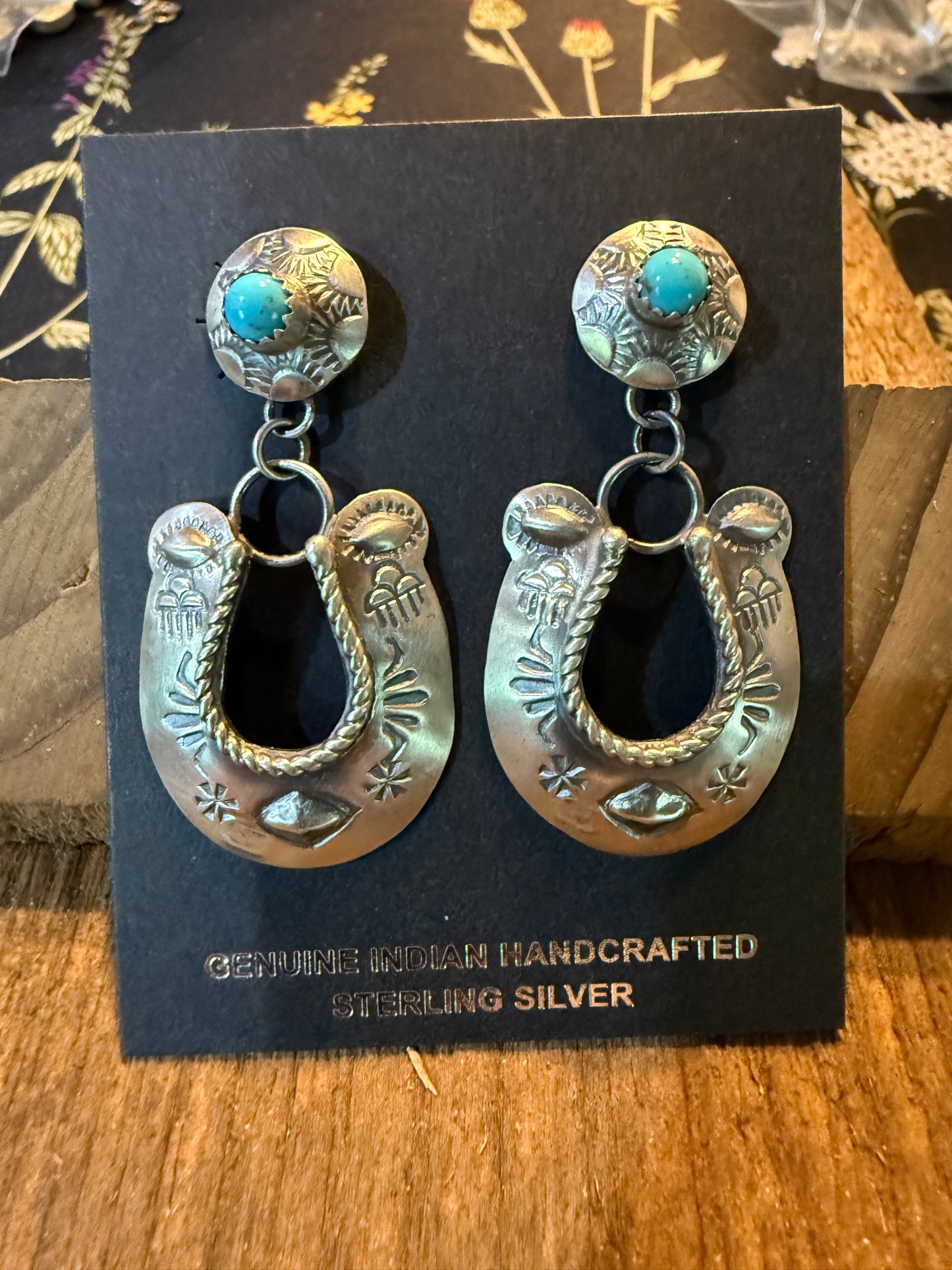Native Handmade Gabriela Yazzie Turquoise Kingman Horseshoe Drop Earring Silver Wild West Boho