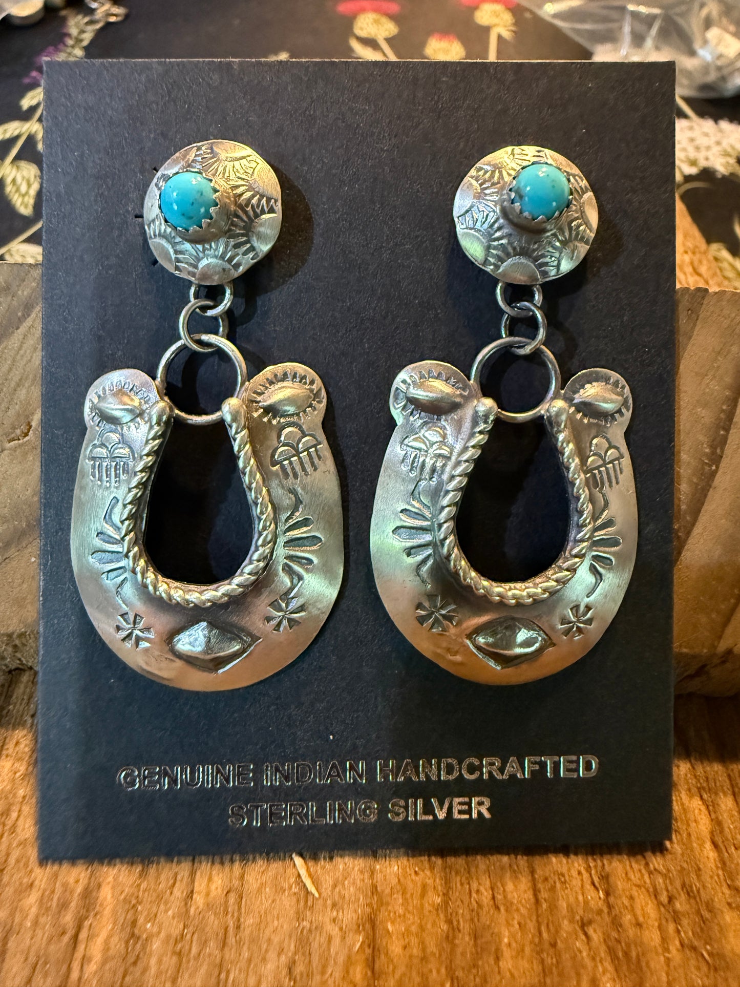Native Handmade Gabriela Yazzie Turquoise Kingman Horseshoe Drop Earring Silver Wild West Boho