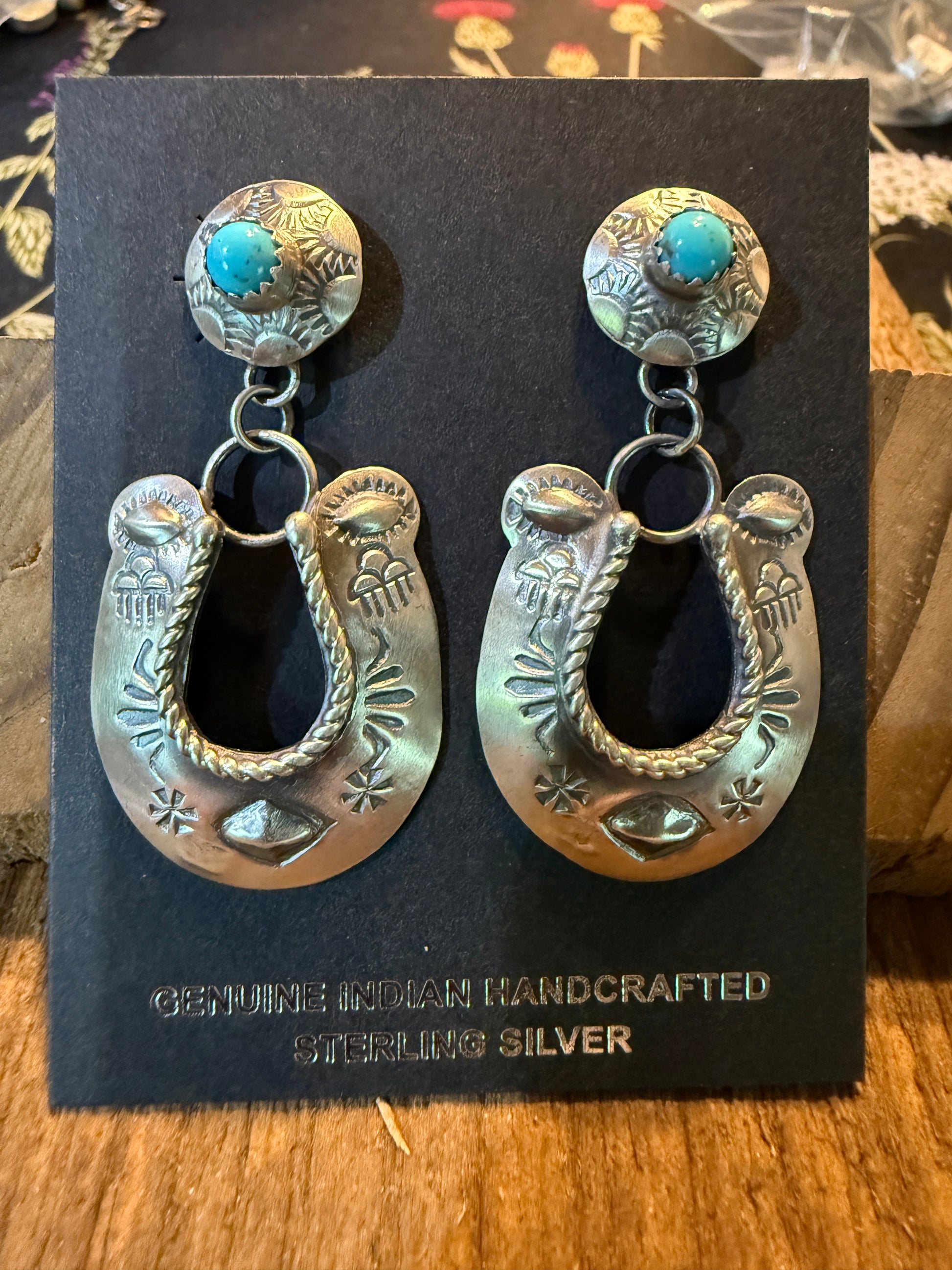 Native Handmade Gabriela Yazzie Turquoise Kingman Horseshoe Drop Earring Silver Wild West Boho