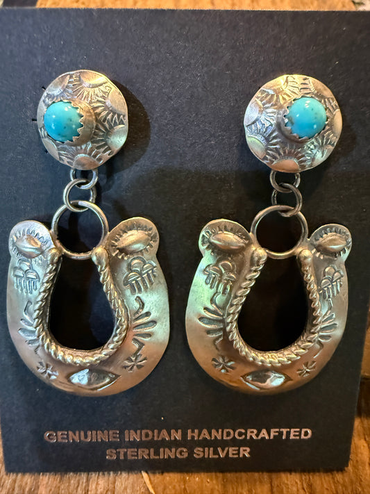 Native Handmade Gabriela Yazzie Turquoise Kingman Horseshoe Drop Earring Silver Wild West Boho