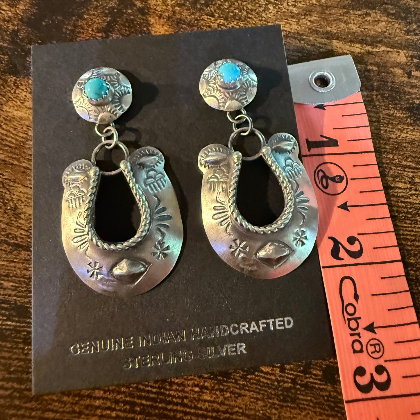 Native Handmade Gabriela Yazzie Turquoise Kingman Horseshoe Drop Earring Silver Wild West Boho