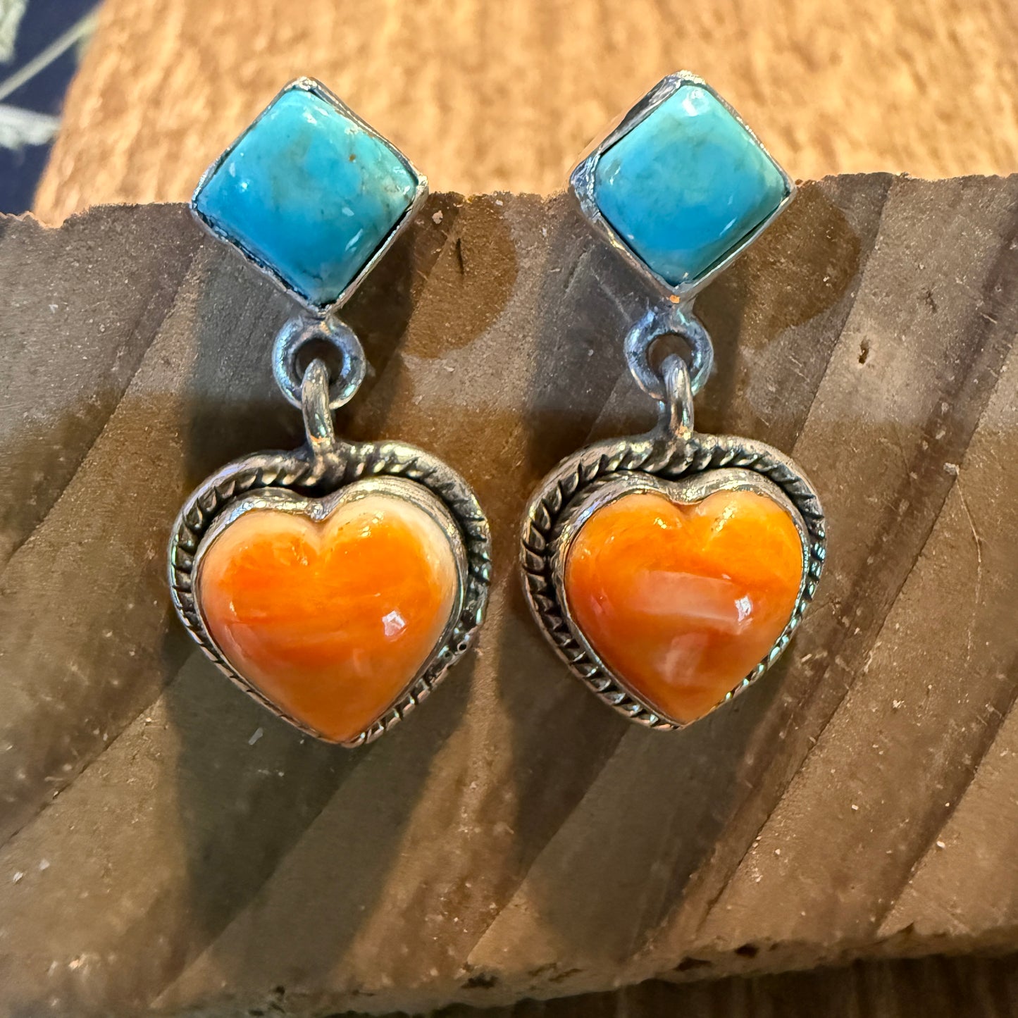 Kingman Turquoise And Orange Spiny Turquoise Heart Stud Earring Sterling Silver Wild West Boho