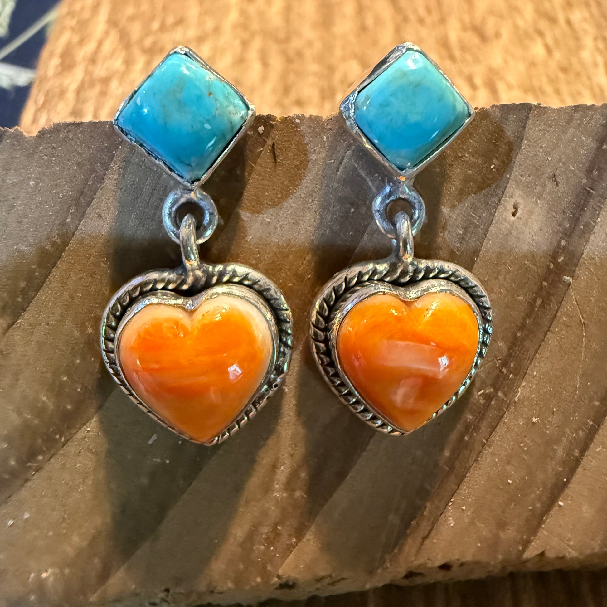 Kingman Turquoise And Orange Spiny Turquoise Heart Stud Earring Sterling Silver Wild West Boho